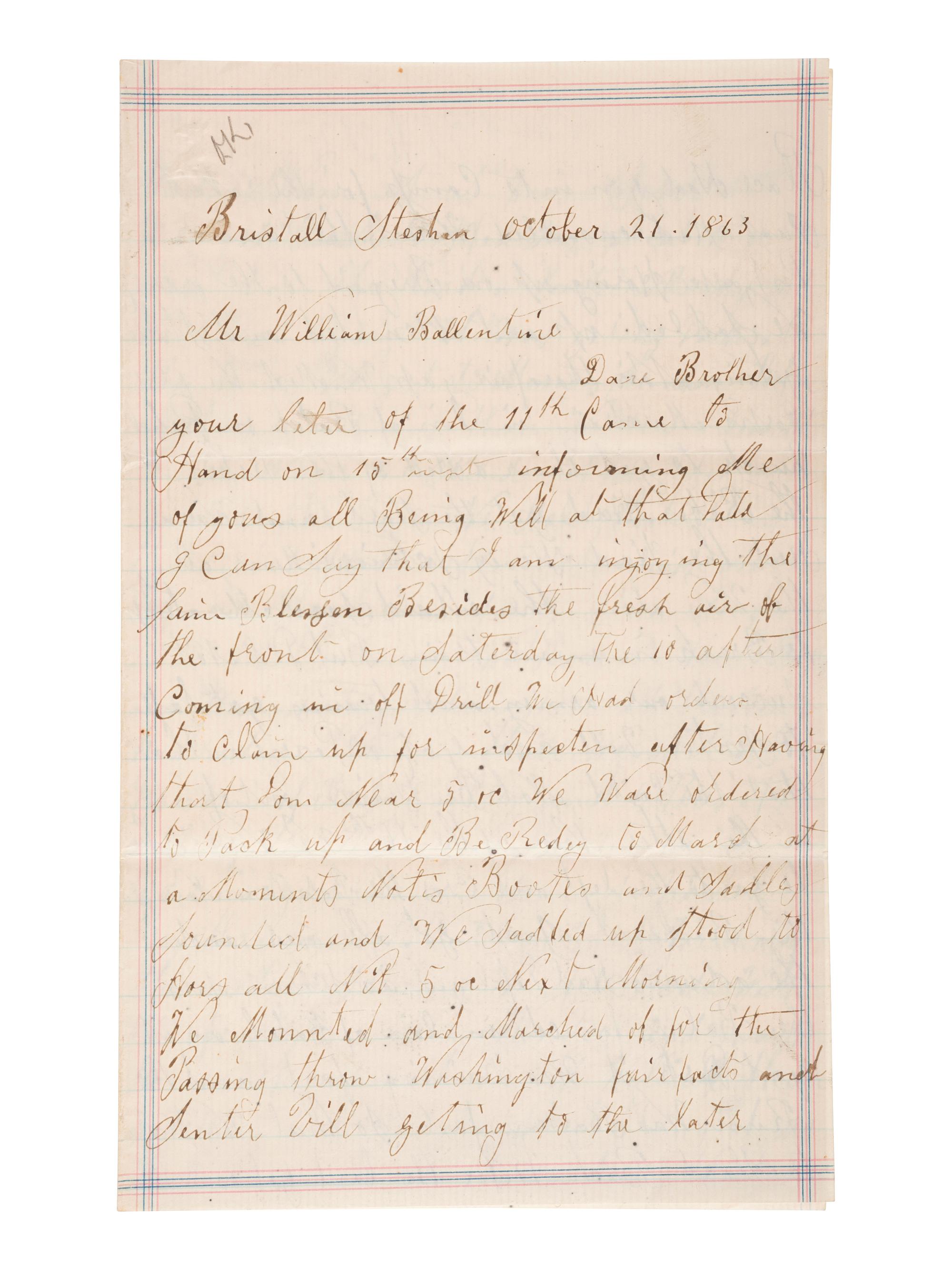 [CIVIL WAR]. Manuscript archive of Sergeant Hamilton Ballentine (1833-1920), Co. K, 6th Pennsylvania Cavalry, "Rush's Lancers," featuring battle content from key engagements and descriptions of "Sheridan's Raiders."