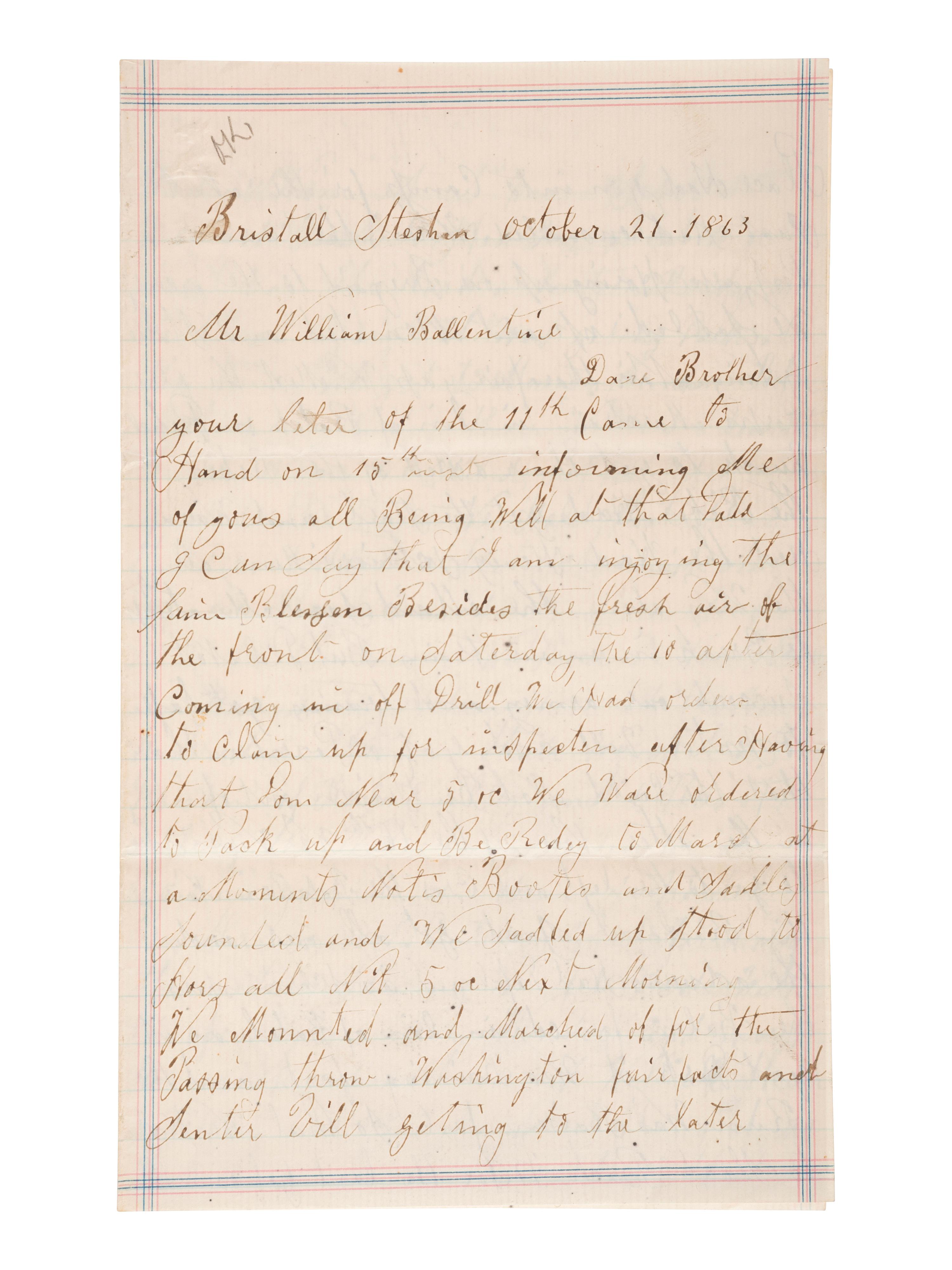 [CIVIL WAR]. Manuscript archive of Sergeant Hamilton Ballentine (1833-1920), Co. K, 6th Pennsylvania Cavalry, "Rush's Lancers," featuring battle content from key engagements and descriptions of "Sheridan's Raiders."