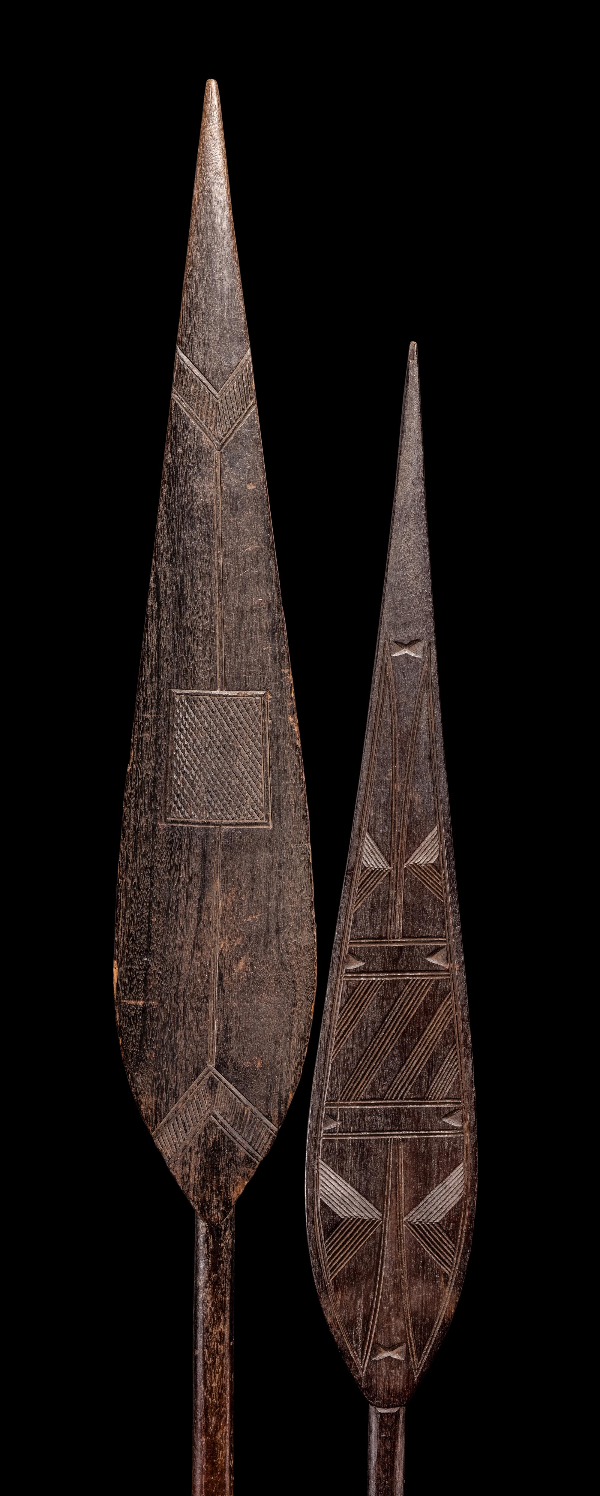 A Ngombe Wicket Shield with Three Spears and a Mbiu Horn