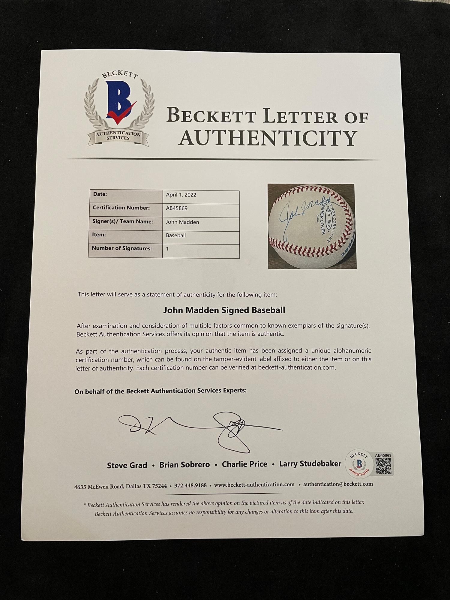 A Rare John Madden Signed Autograph Baseball (Beckett Authentication Services Letter BAS Certified),