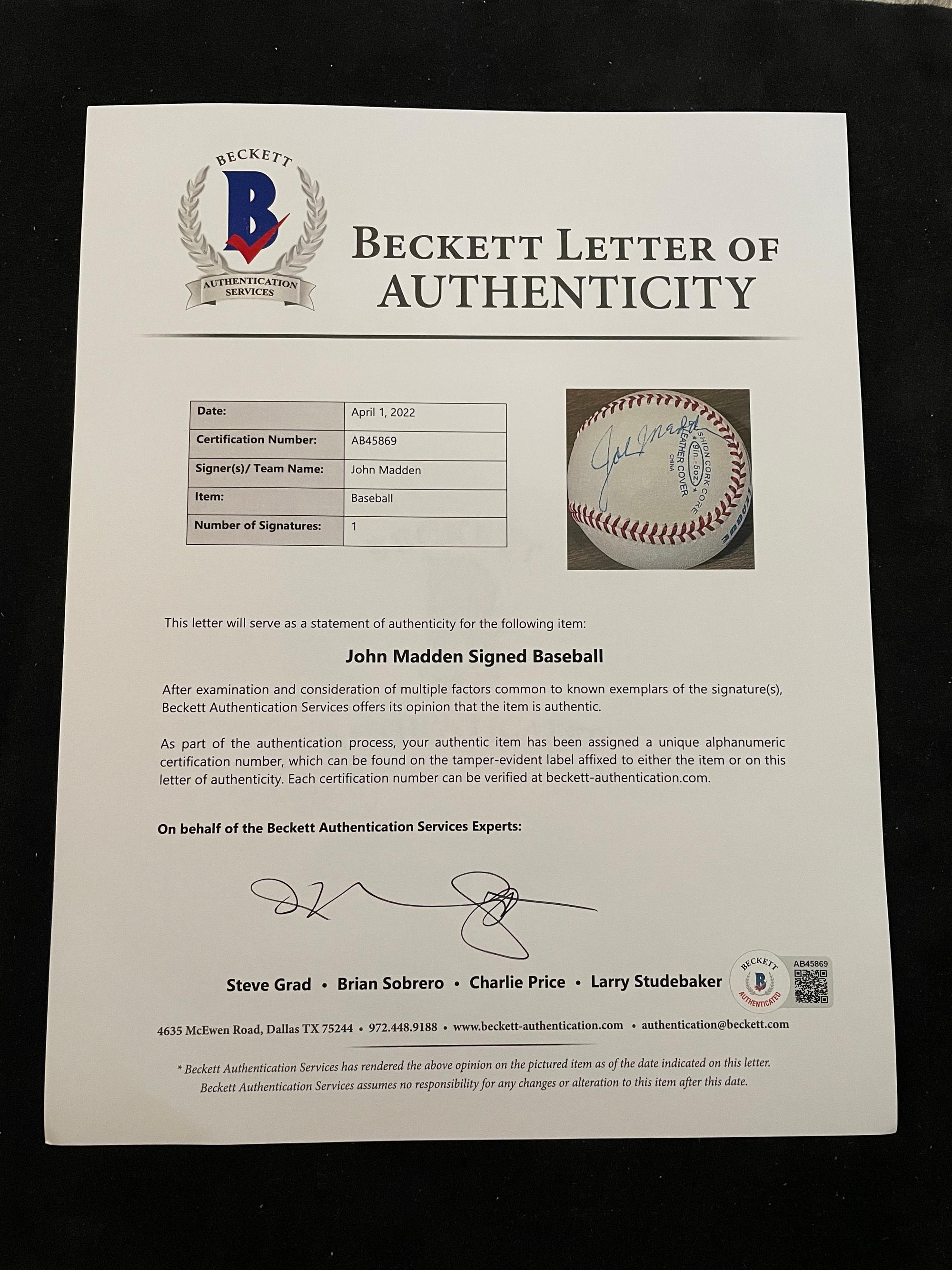 A Rare John Madden Signed Autograph Baseball (Beckett Authentication Services Letter BAS Certified),