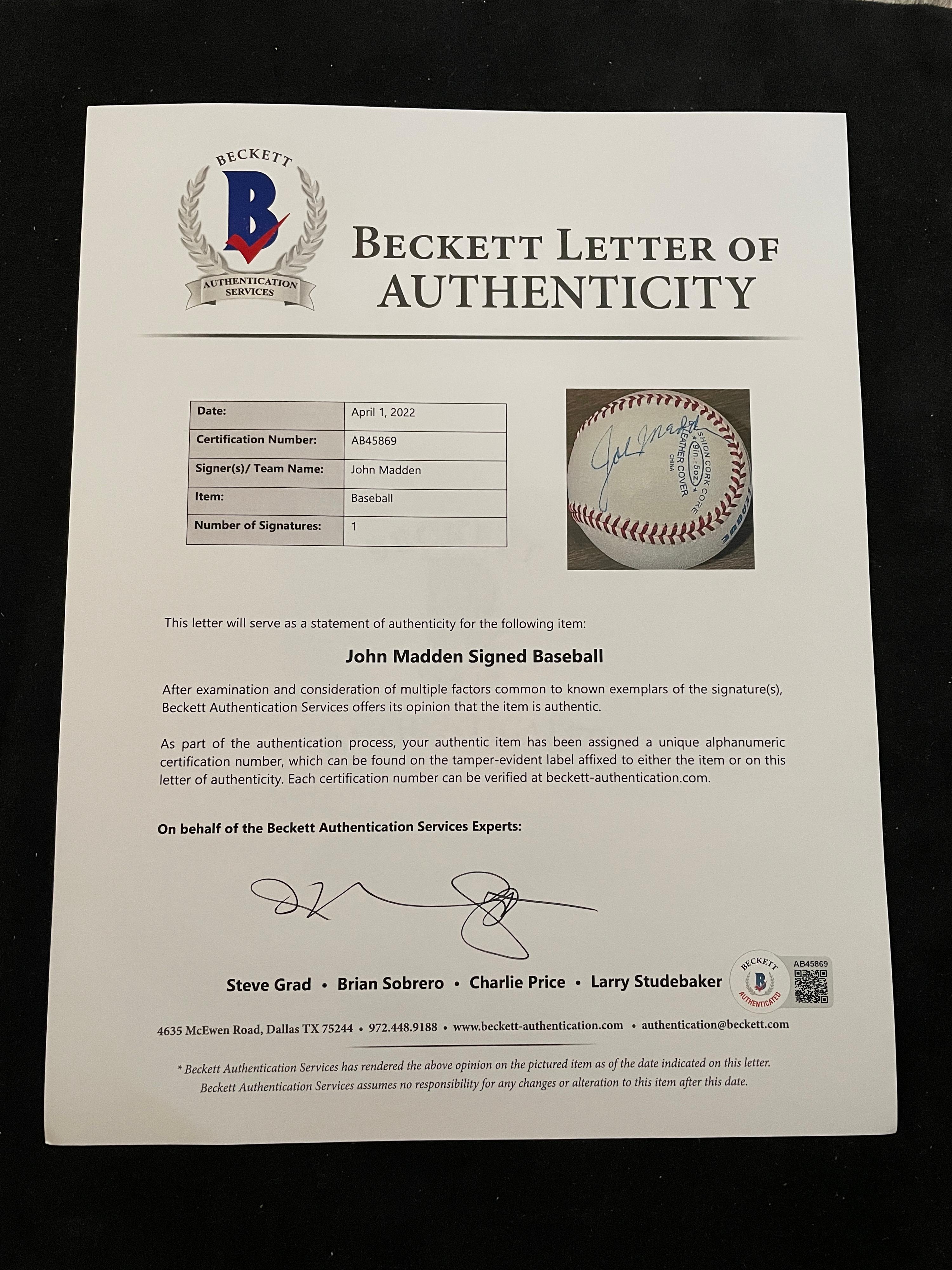 A Rare John Madden Signed Autograph Baseball (Beckett Authentication Services Letter BAS Certified),