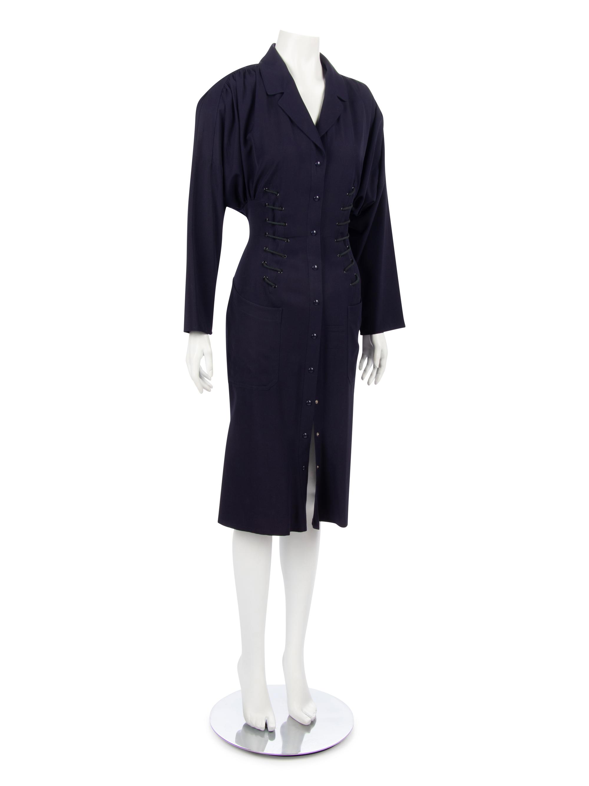 Two Thierry Mugler Dresses; One Blue with Rope Detail Dress, One Black Polka Dot Dress, 1980-90s