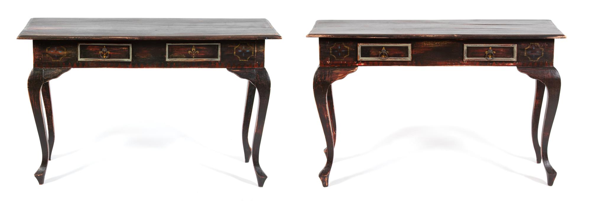 A Pair of Mizner Style Painted Console Tables Height 29 x width 44 x depth 17 inches. — 20TH CENTURY