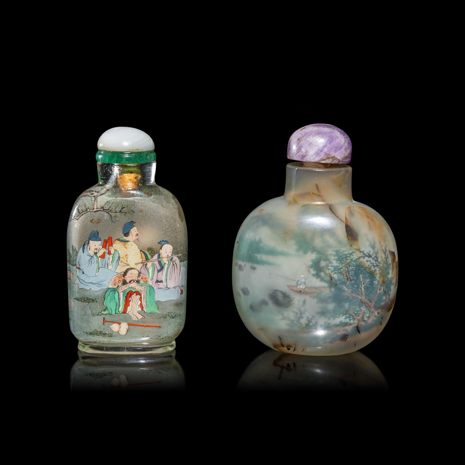 Two Chinese Inside Painted Snuff Bottles, Early 20th Century 葉仲三壬戌年（1922）作玻璃內畫八仙圖鼻煙壺及葉菶祺作瑪瑙內畫山水圖鼻煙壺