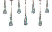 A Set of Russian Enameled Silver Coffee Spoons