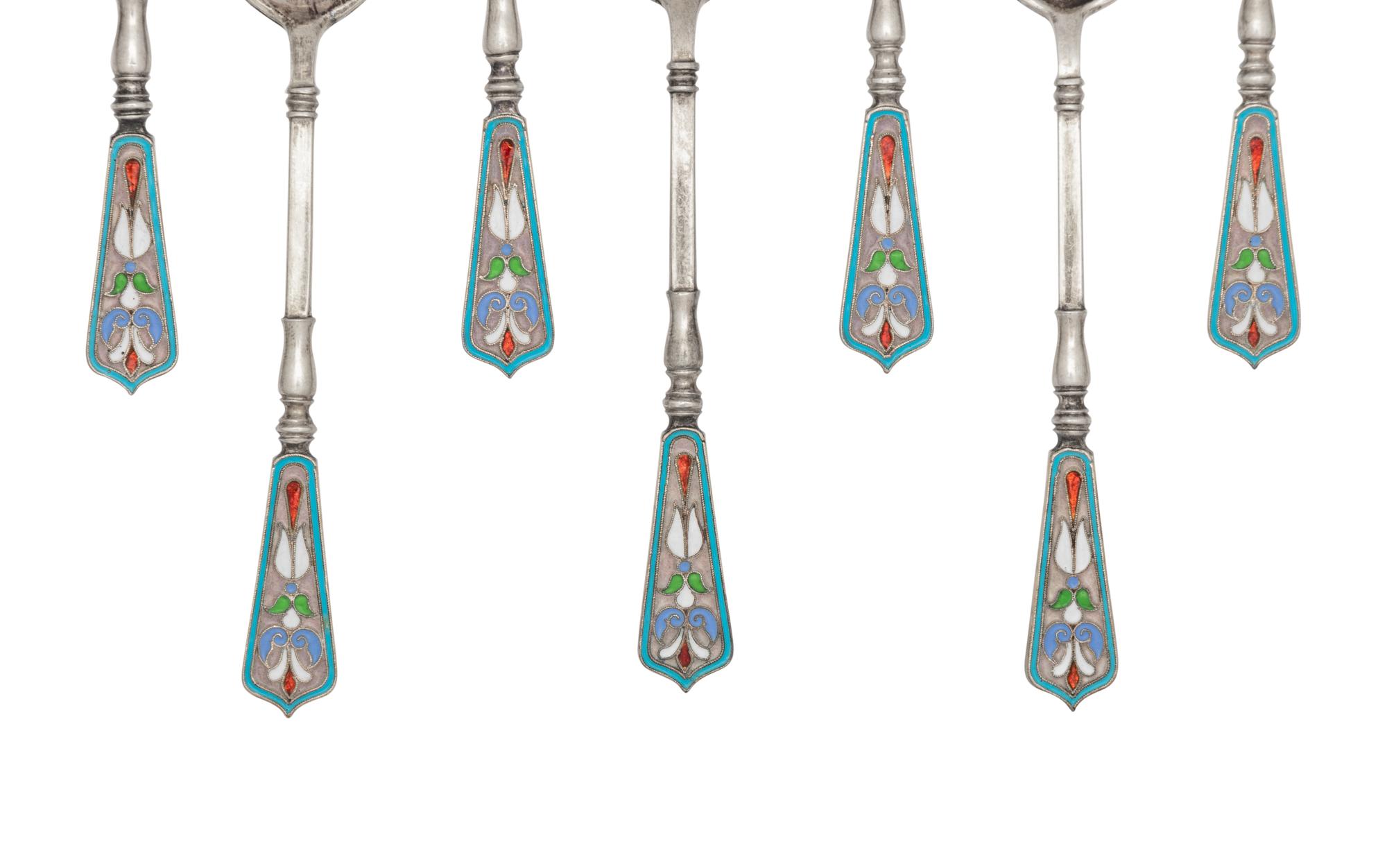 A Set of Russian Enameled Silver Coffee Spoons