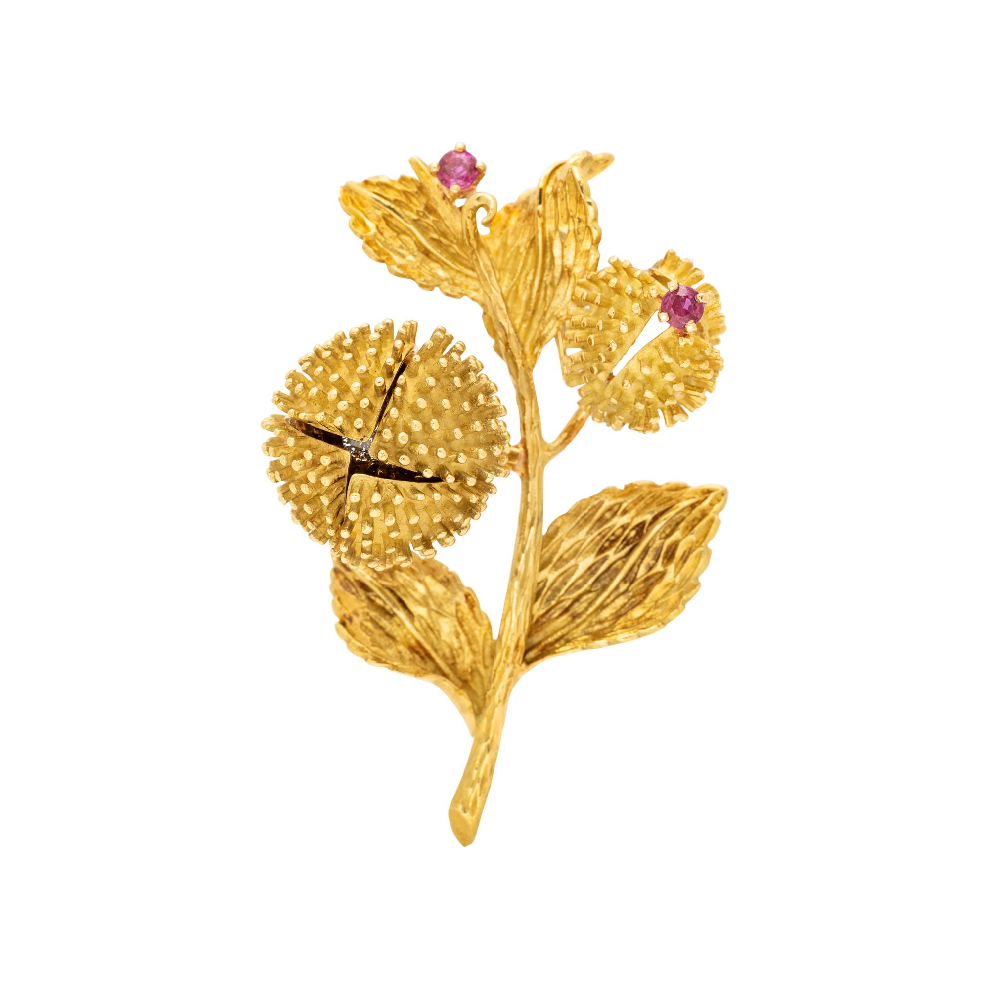 TIFFANY & CO., YELLOW GOLD, DIAMOND AND RUBY 'MOVING CHESTNUT' BROOCH