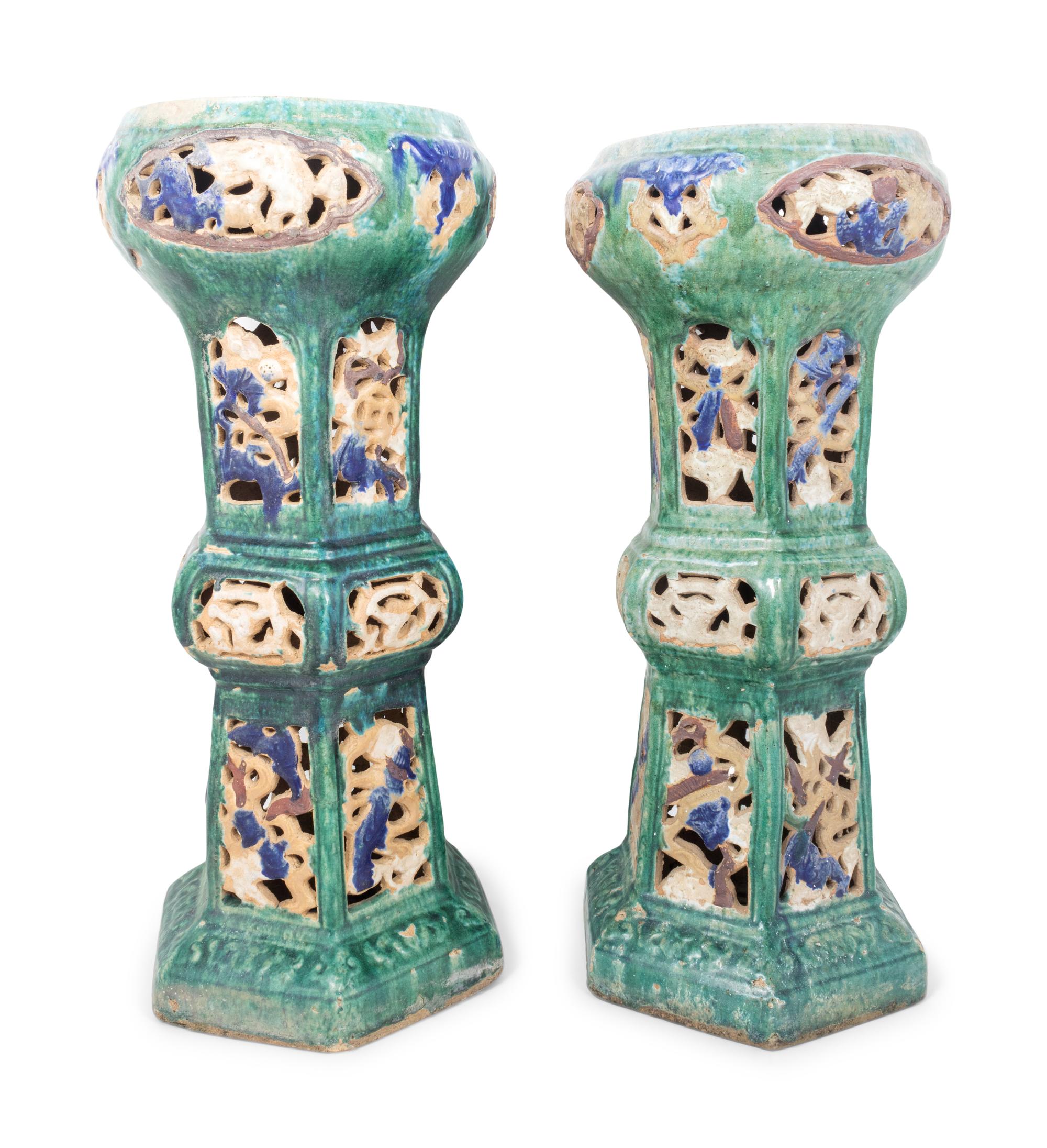 A Pair of Chinese Sancai Glazed Porcelain Reticulated Pedestals
