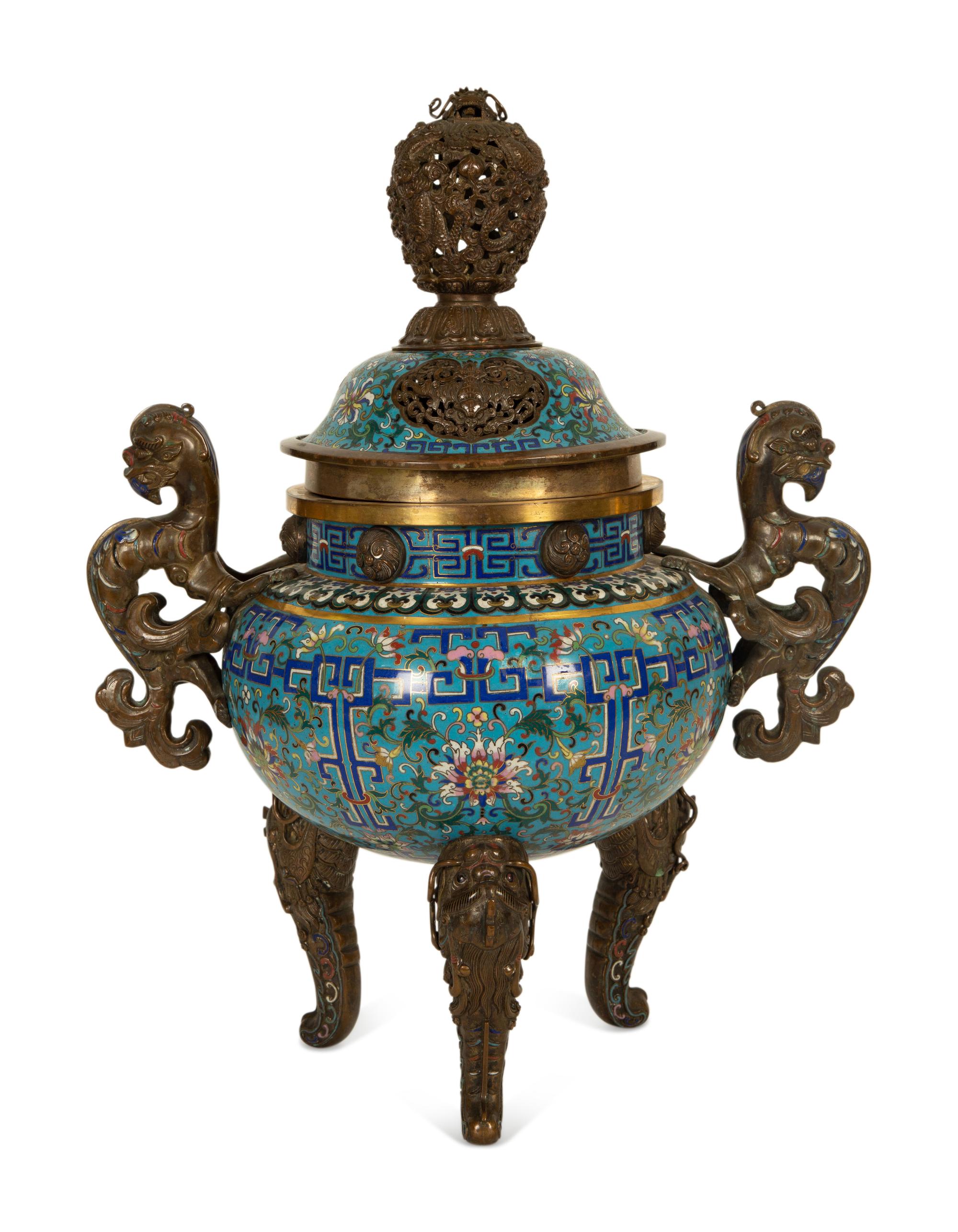 A Chinese Gilt and Enameled Bronze Mounted Cloisonne Censer