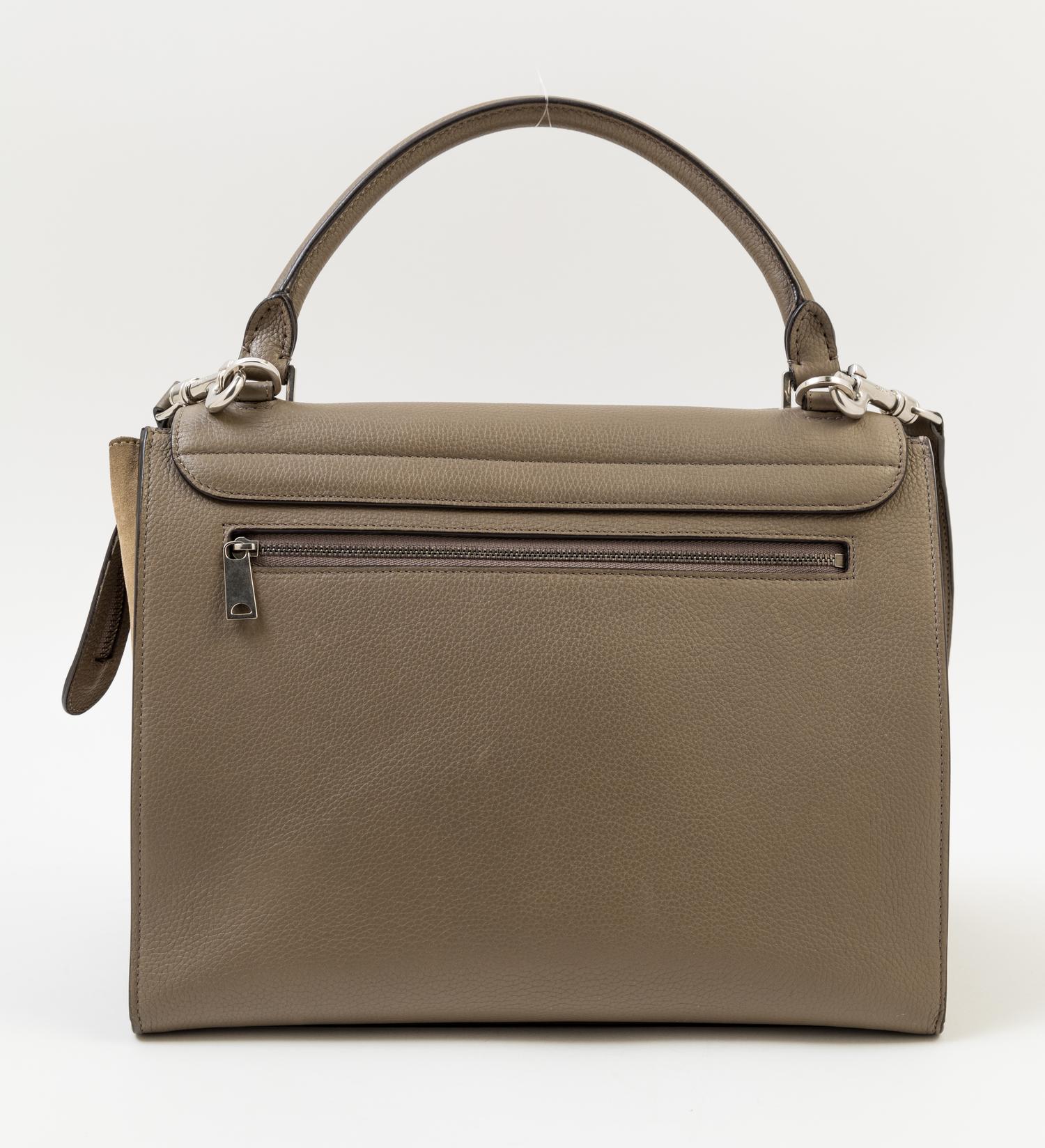 A Celine Taupe Leather and Suede Medium Trapeze Handbag, 11.5"- 20" L x 9" H x 7"- 9" W; Top handle: 4.5"; Strap drop: 15".