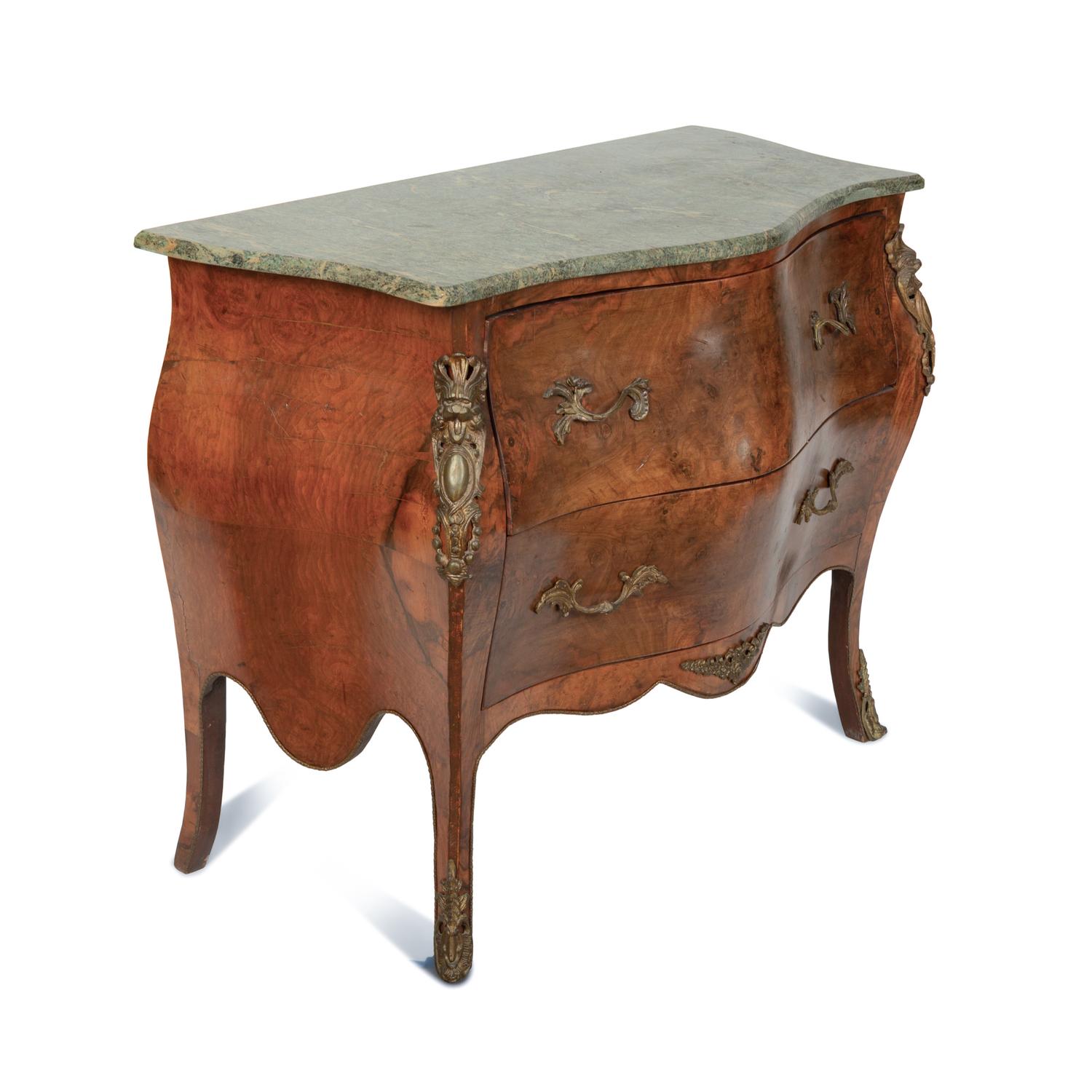 A Louis XV Style Gilt Metal Mounted Marble Top Bombe Commode