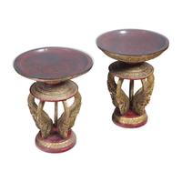 A Pair of Embellished Lacquered and Carved Wood Stands, Probably Burmese, Later 20th Century 二十世紀 或緬甸 漆金嵌百寶圓幾一對