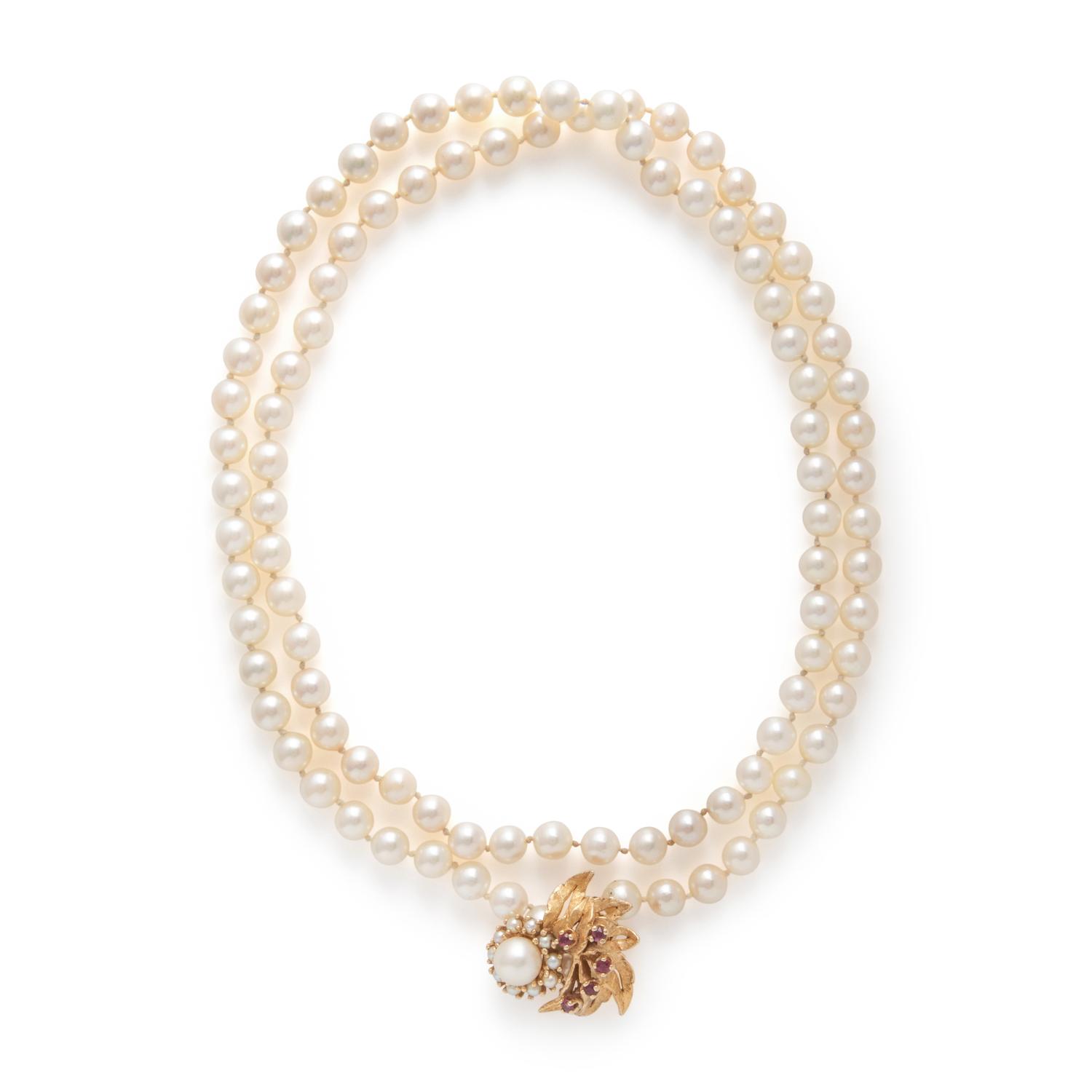 Cultured Pearl, Ruby, and Yellow Gold Necklace