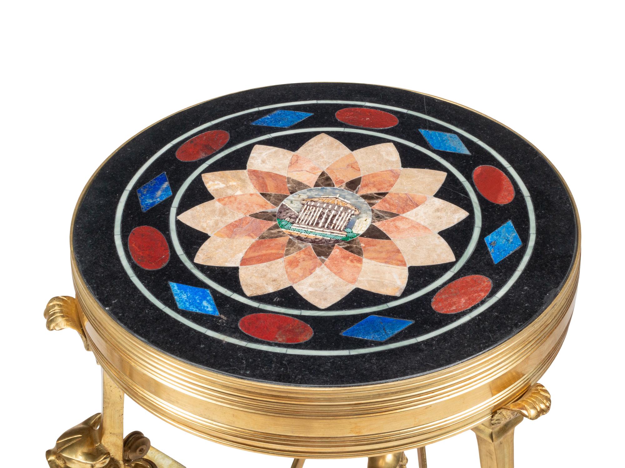 A Pair of Neoclassical Gilt Bronze, Specimen Marble and Micro Mosaic Guéridon Tables