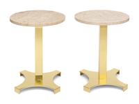A Pair of Italian Polished Brass and Travertine Side Tables