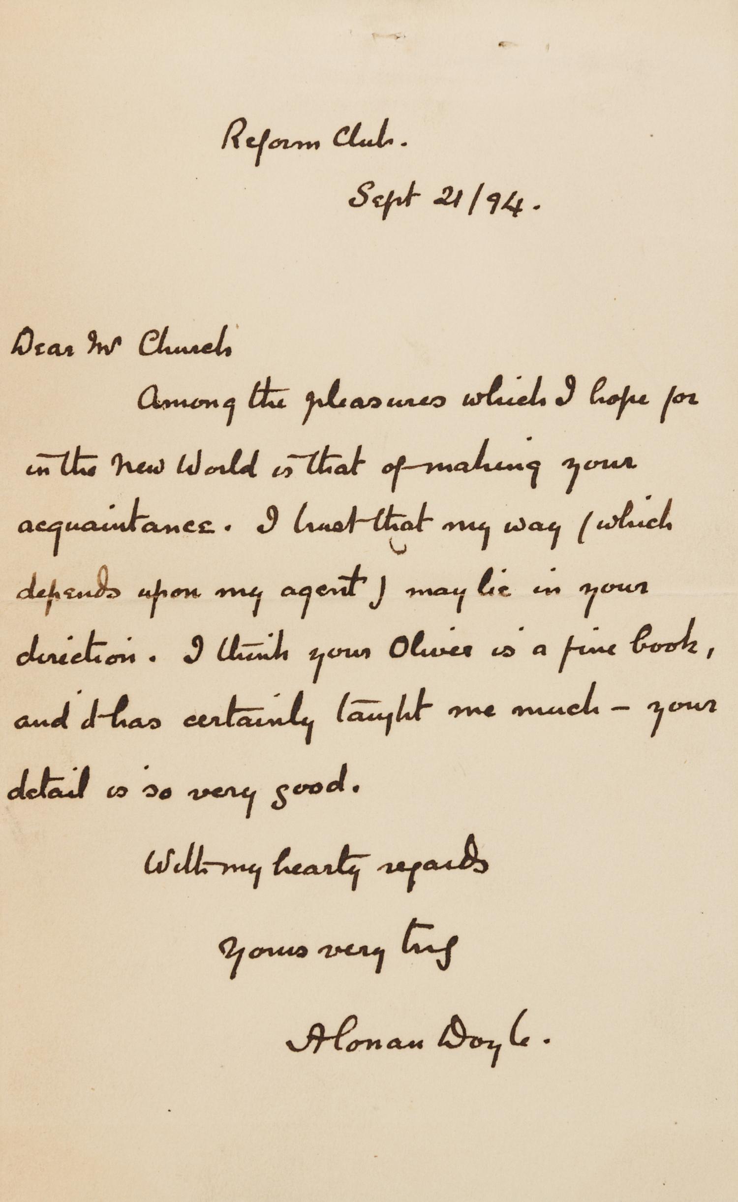 DOYLE, Arthur Conan (1859-1930). Autograph letter signed ("A Conan"), to Mr. Church. Reform Club, 21 September 1894.