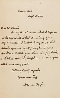 DOYLE, Arthur Conan (1859-1930). Autograph letter signed ("A Conan"), to Mr. Church. Reform Club, 21 September 1894.