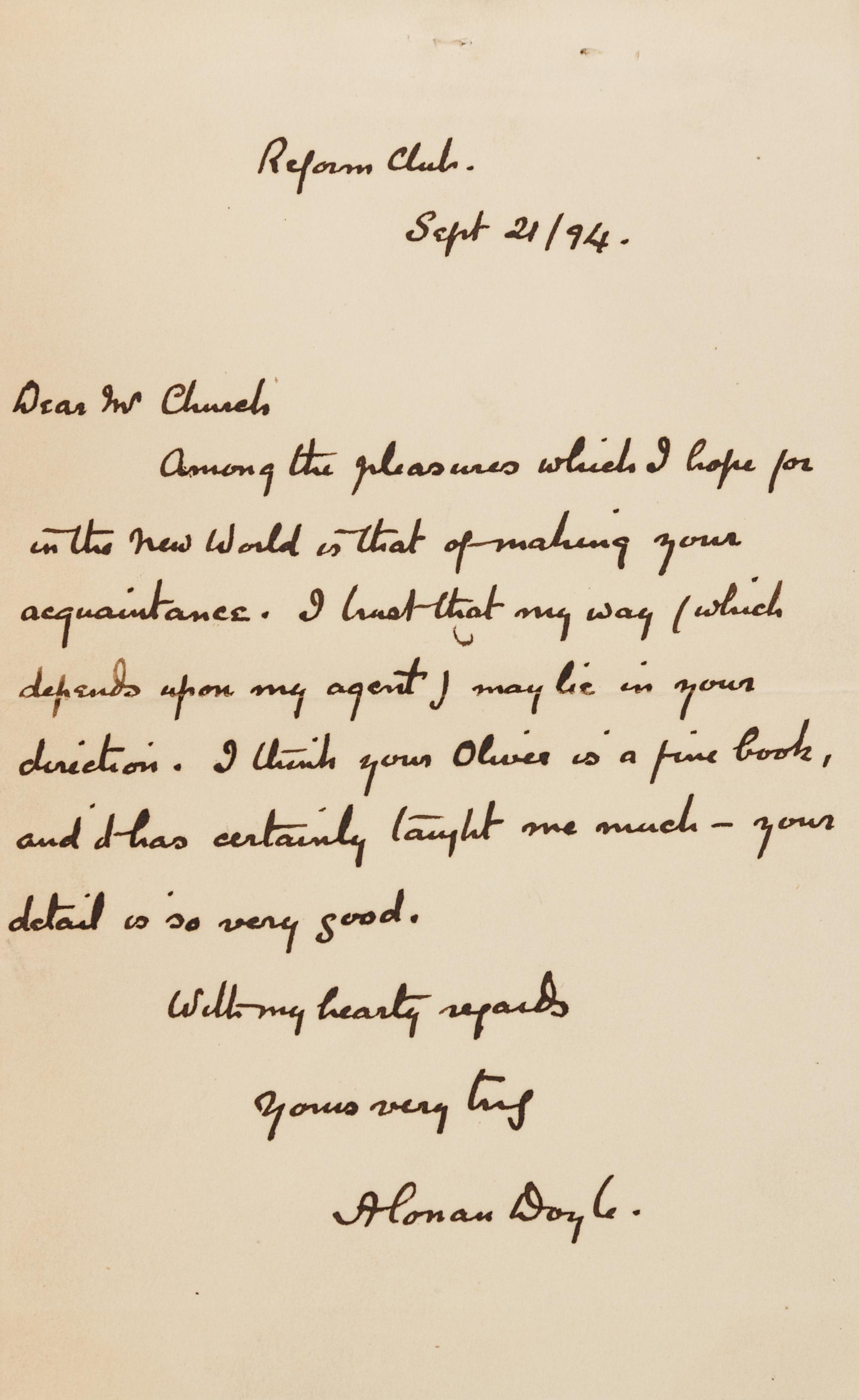 DOYLE, Arthur Conan (1859-1930). Autograph letter signed ("A Conan"), to Mr. Church. Reform Club, 21 September 1894.