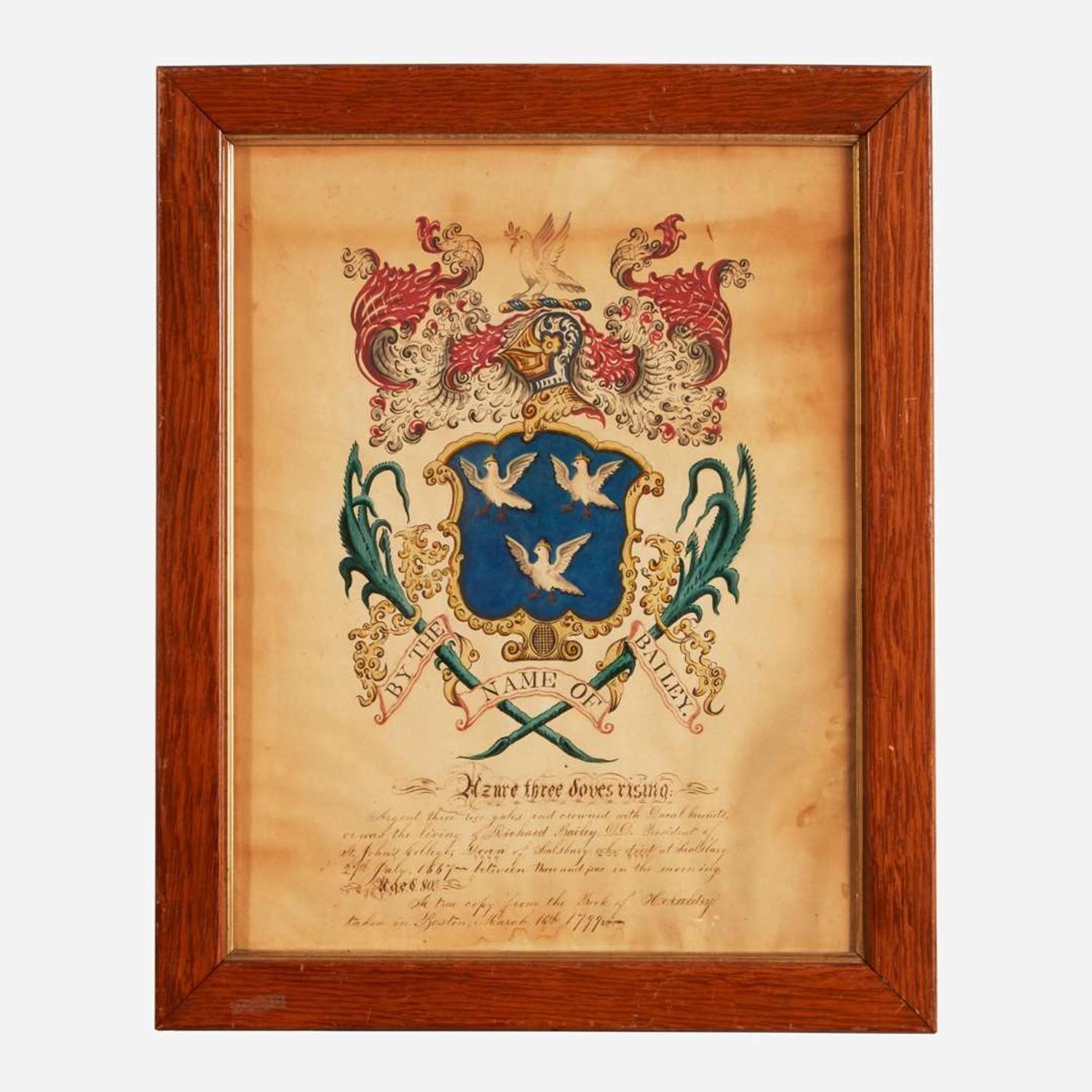 A group of four painted coats-of-arms John Coles, Sr. (1749-1809), Boston, MA, Samuel Blyth (1744-1795), Salem, MA, and other, circa 1775-1806