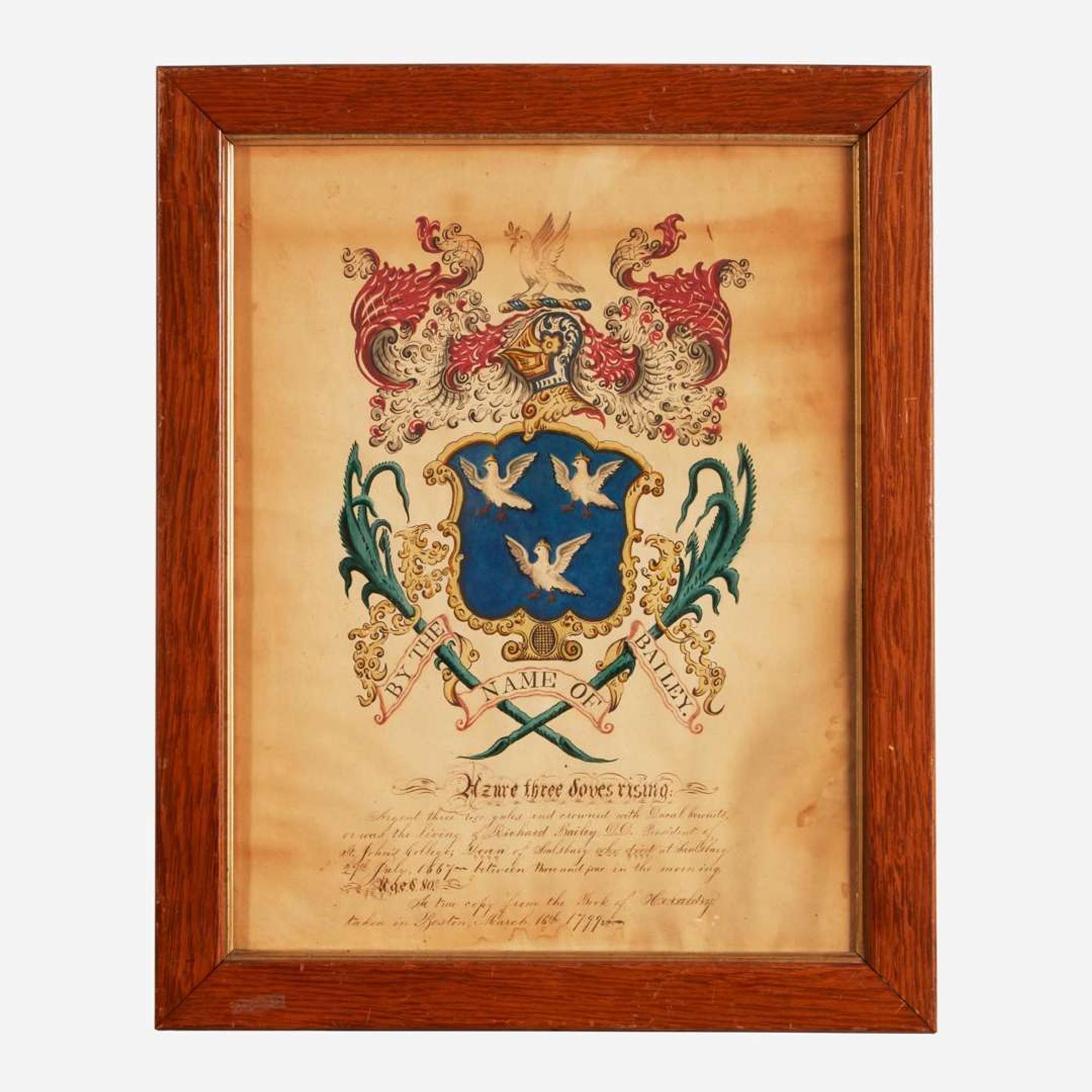 A group of four painted coats-of-arms John Coles, Sr. (1749-1809), Boston, MA, Samuel Blyth (1744-1795), Salem, MA, and other, circa 1775-1806