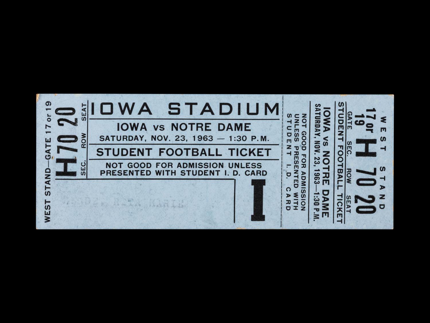 A Nov. 23, 1963 Notre Dame vs. Iowa Football Ticket - Game Cancelled, John F. Kennedy Assassination (Student Version)