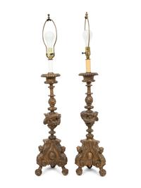 A Pair of Pricket Style Giltwood Table Lamps