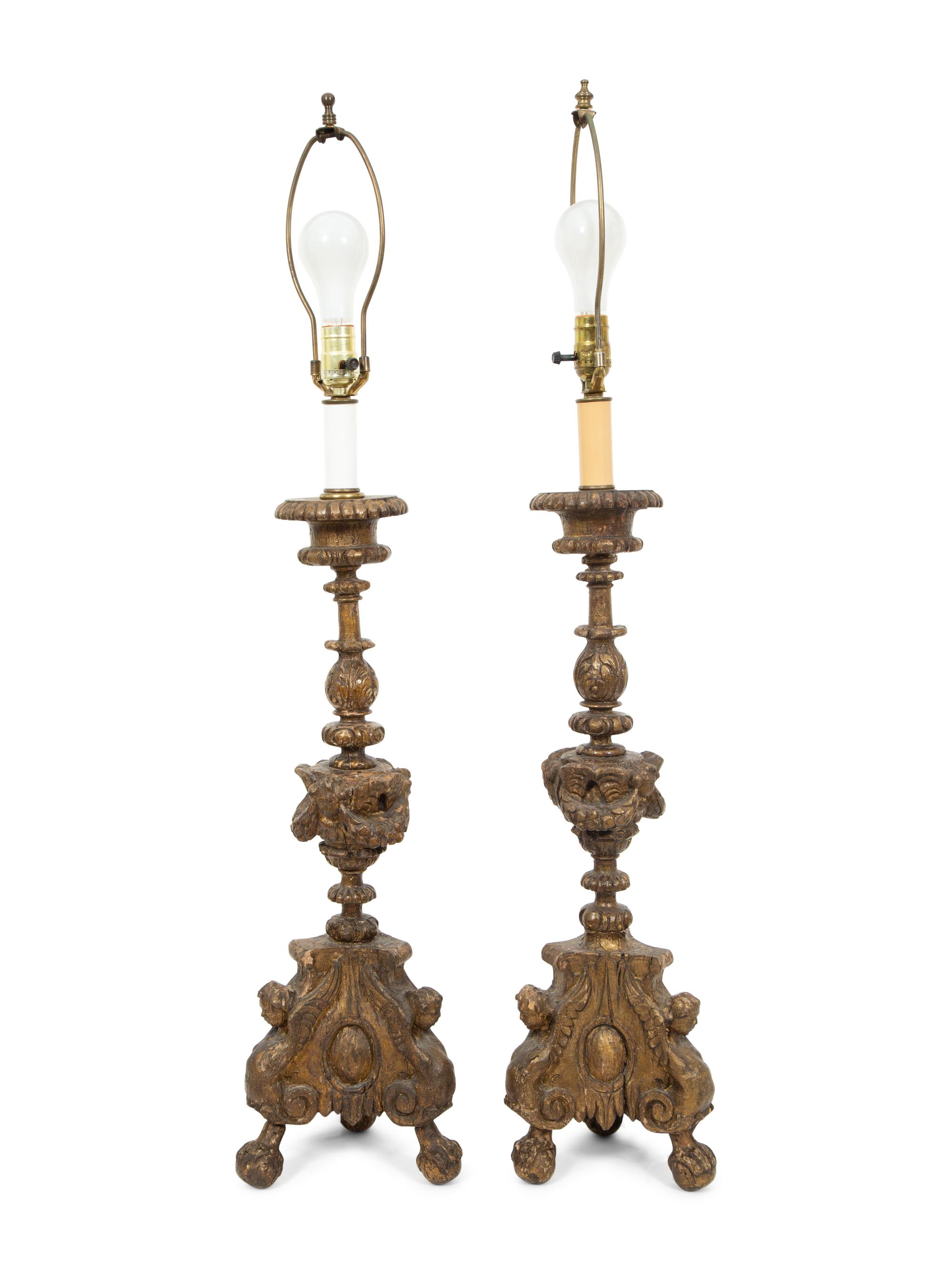 A Pair of Pricket Style Giltwood Table Lamps