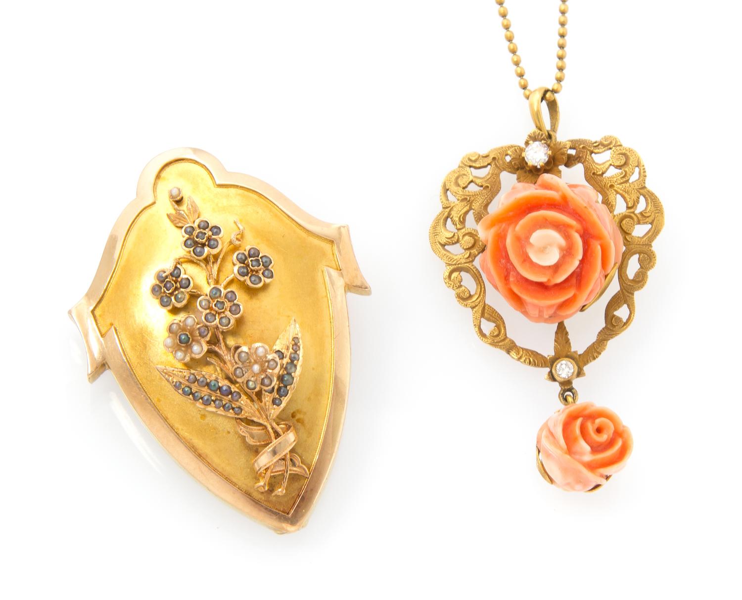 A Collection of Antique Coral, Seed Pearl and Diamond Jewelry, 11.60 dwts.