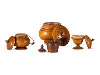 Four Diminutive Treenware Jars and Humidors