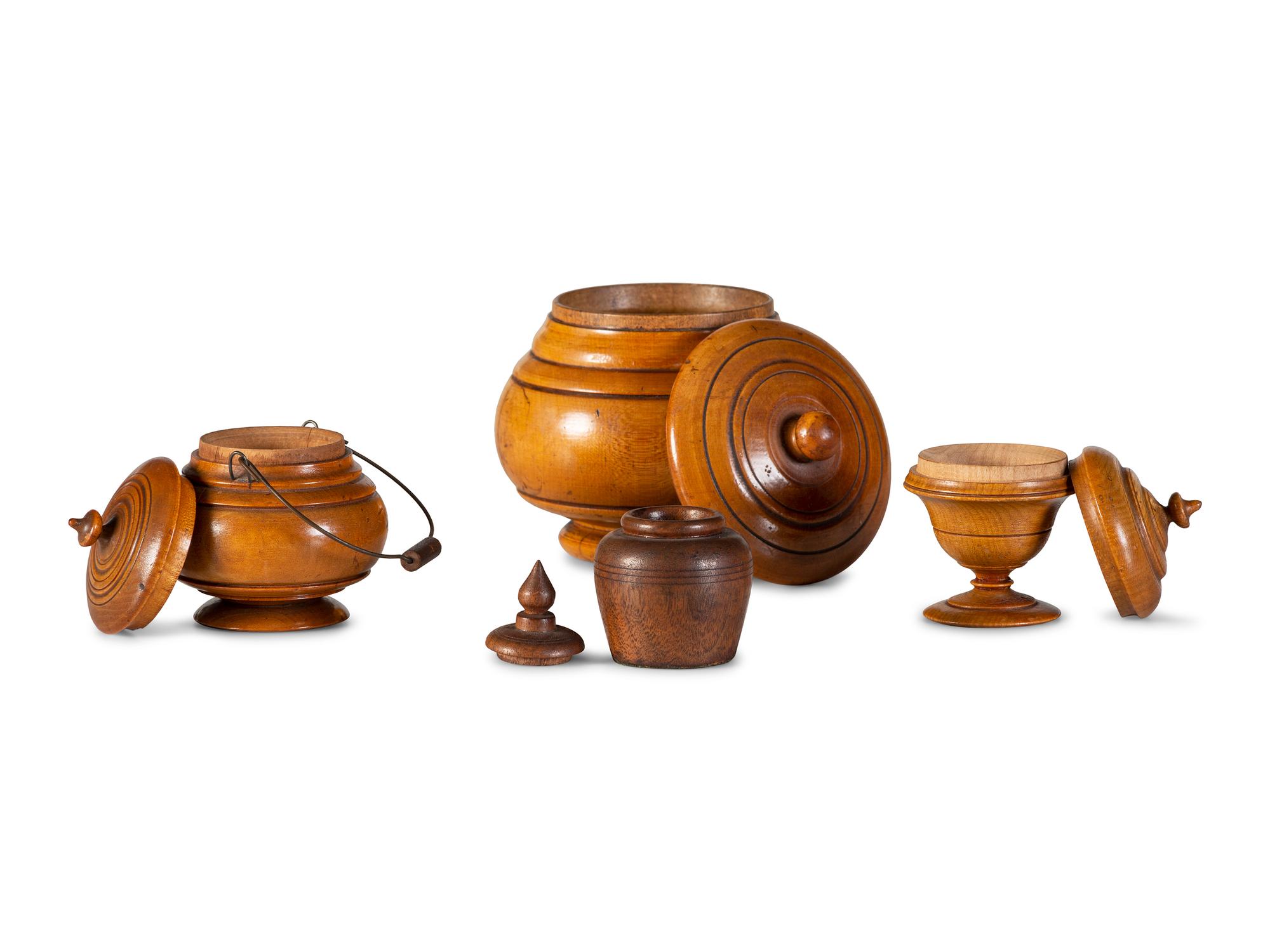 Four Diminutive Treenware Jars and Humidors