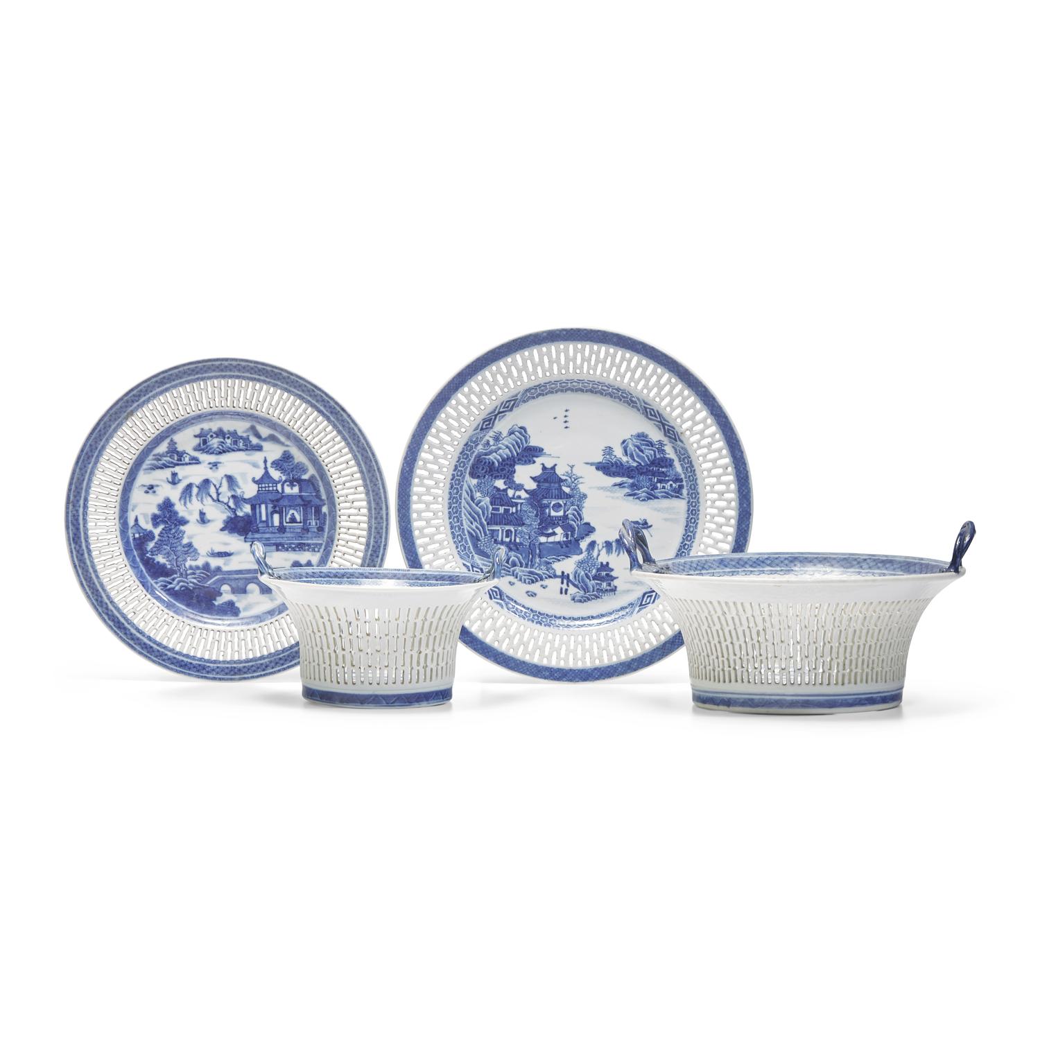 Two Chinese Export Porcelain Blue Fitzhugh Round Reticulated Chestnut Baskets and Stands