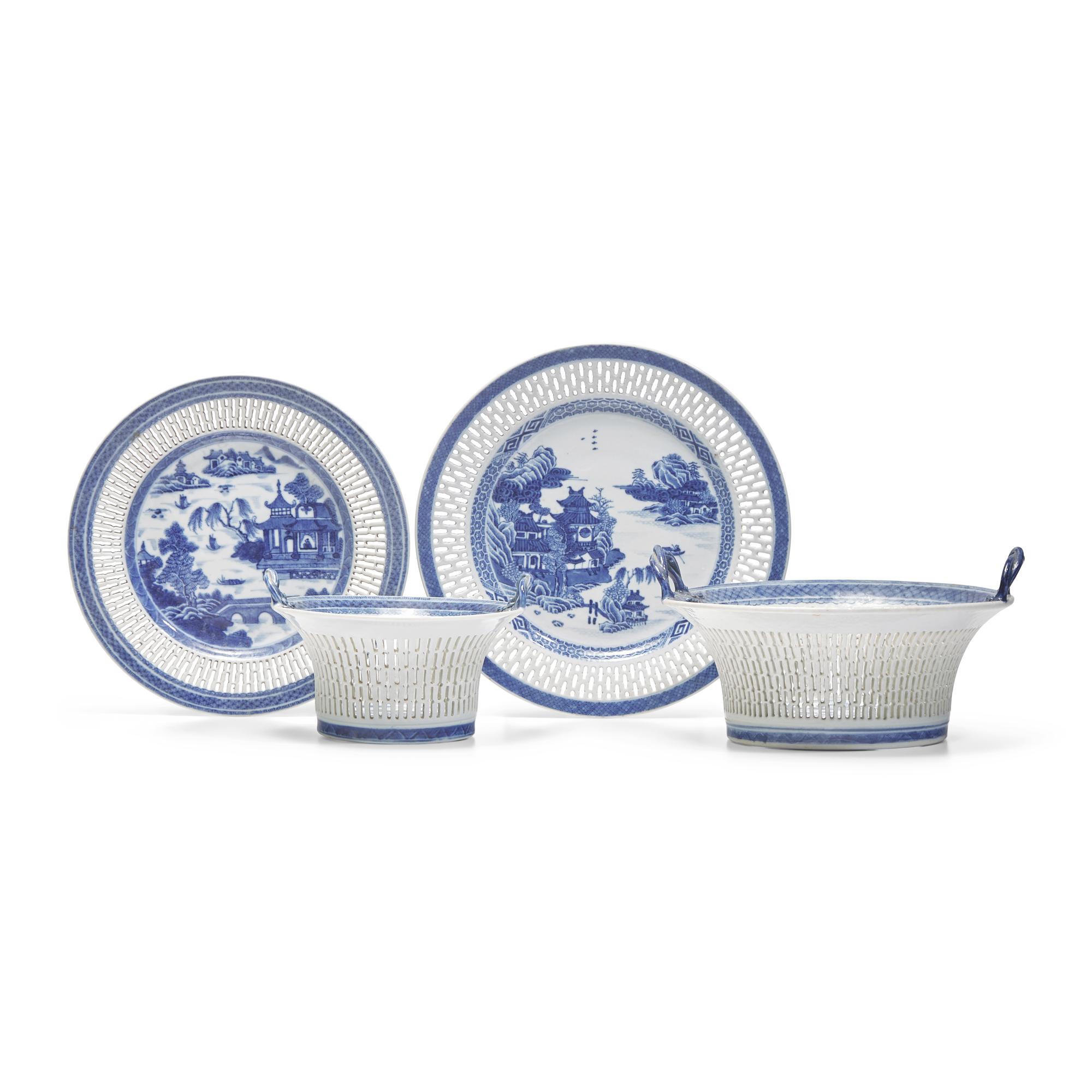 Two Chinese Export Porcelain Blue Fitzhugh Round Reticulated Chestnut Baskets and Stands