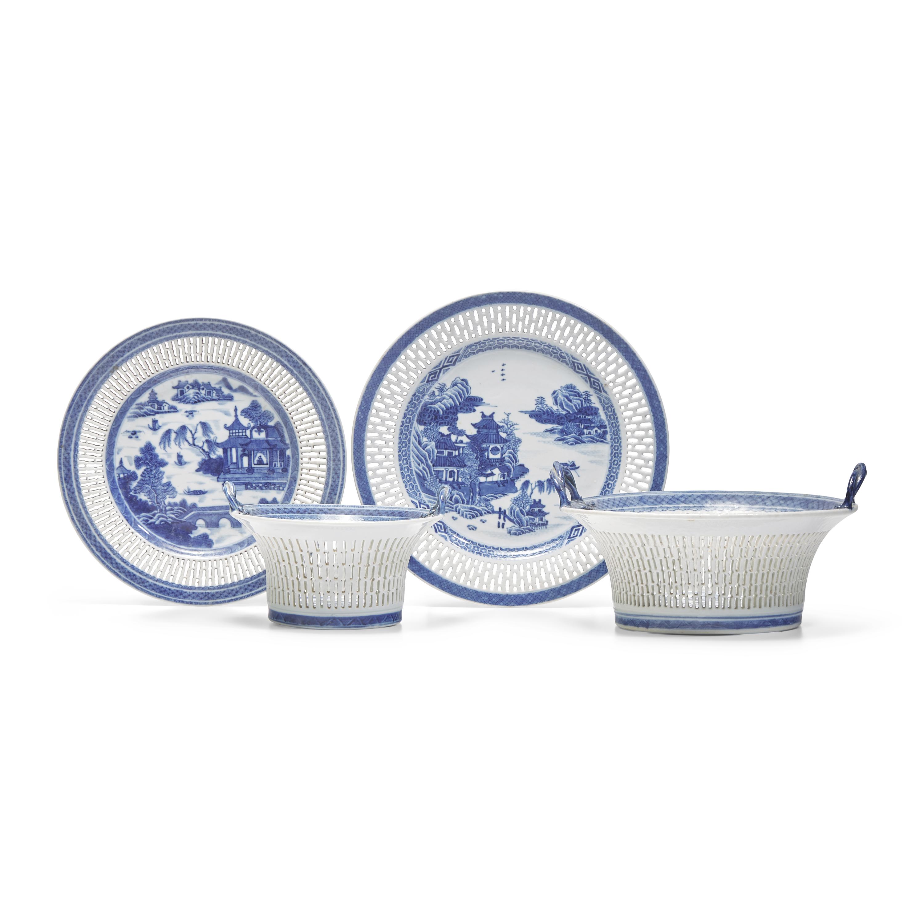 Two Chinese Export Porcelain Blue Fitzhugh Round Reticulated Chestnut Baskets and Stands