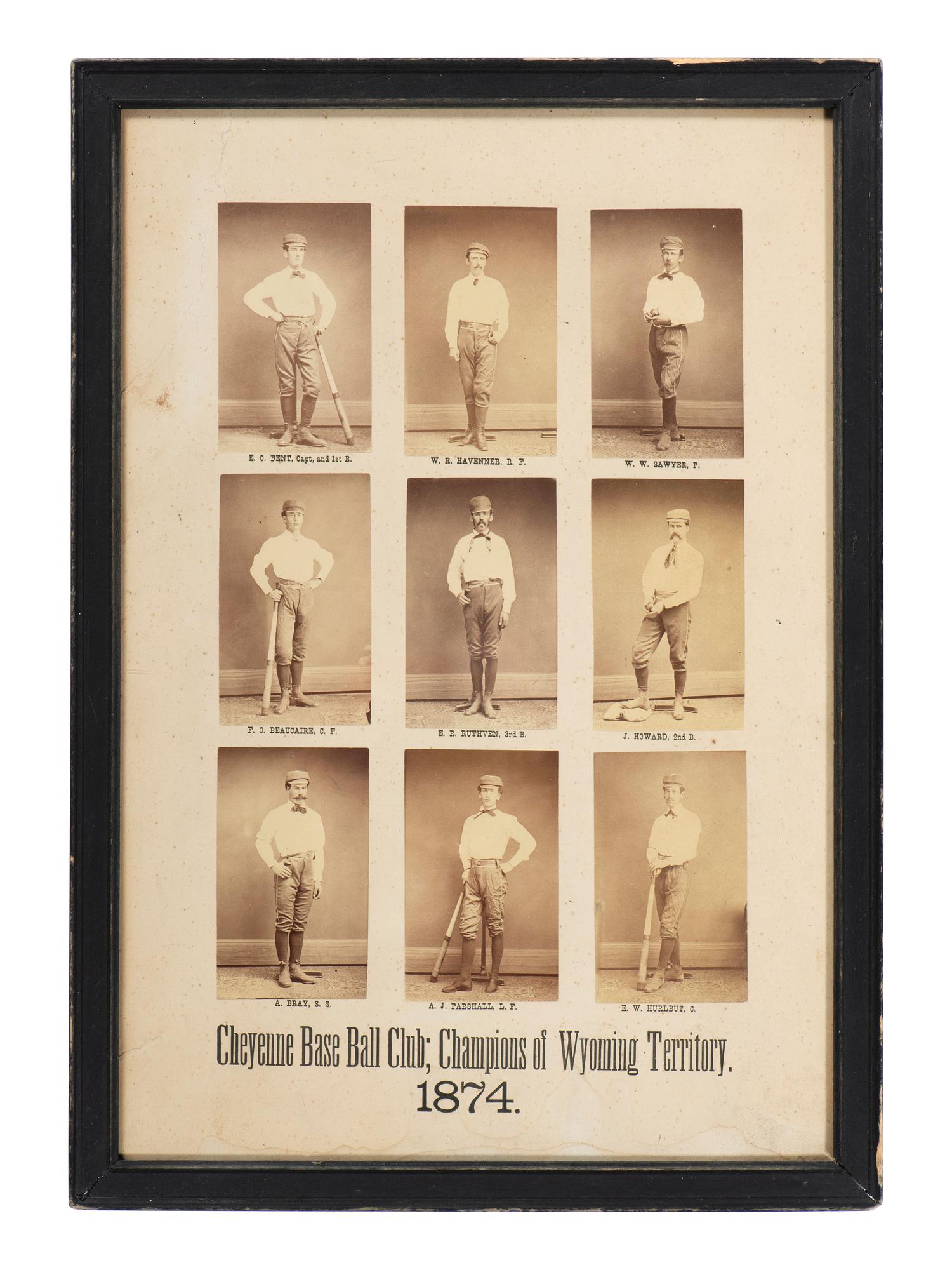 [SPORTS - EARLY PHOTOGRAPHY]. Albumen photograph display of the Cheyenne Base Ball Club; Champions of Wyoming Territory. 1874.