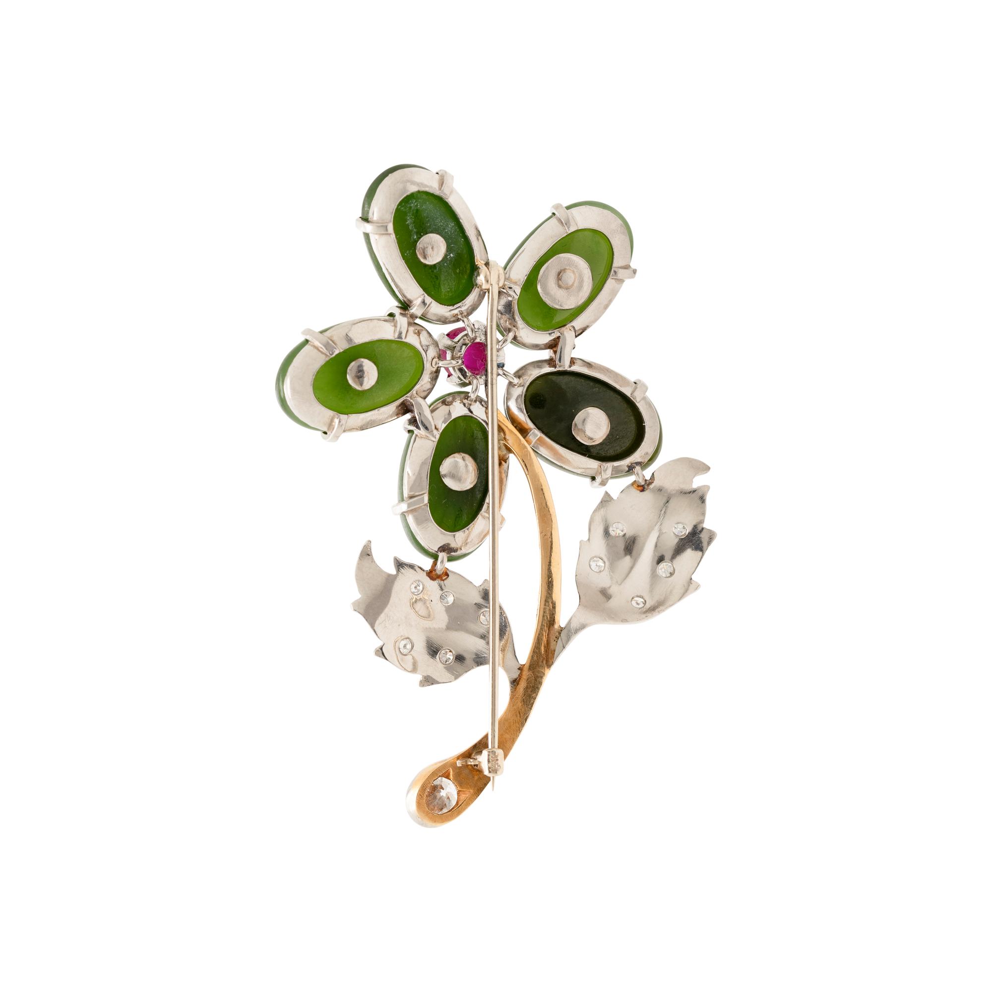 JADE, DIAMOND AND RUBY FLOWER BROOCH