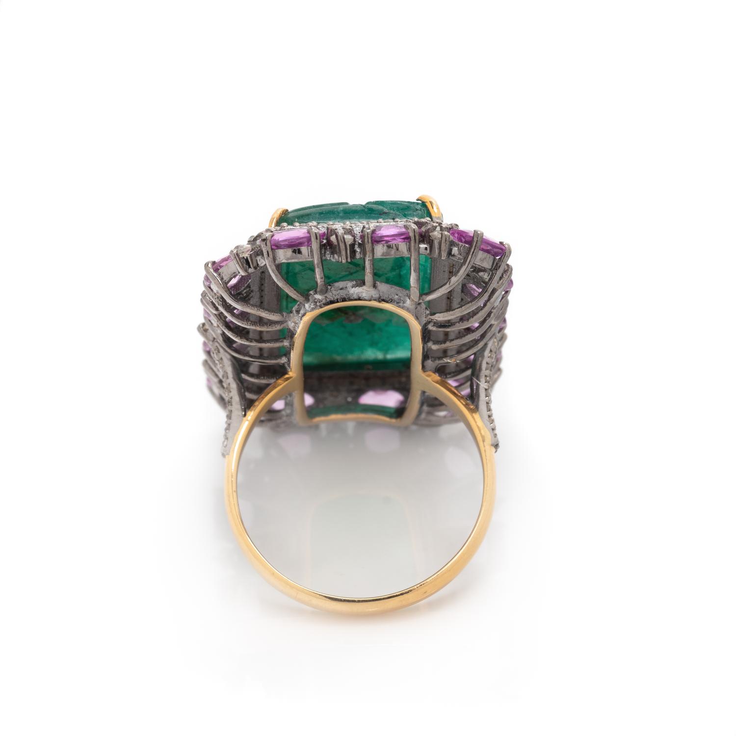 CARVED EMERALD, PINK SAPPHIRE AND DIAMOND RING