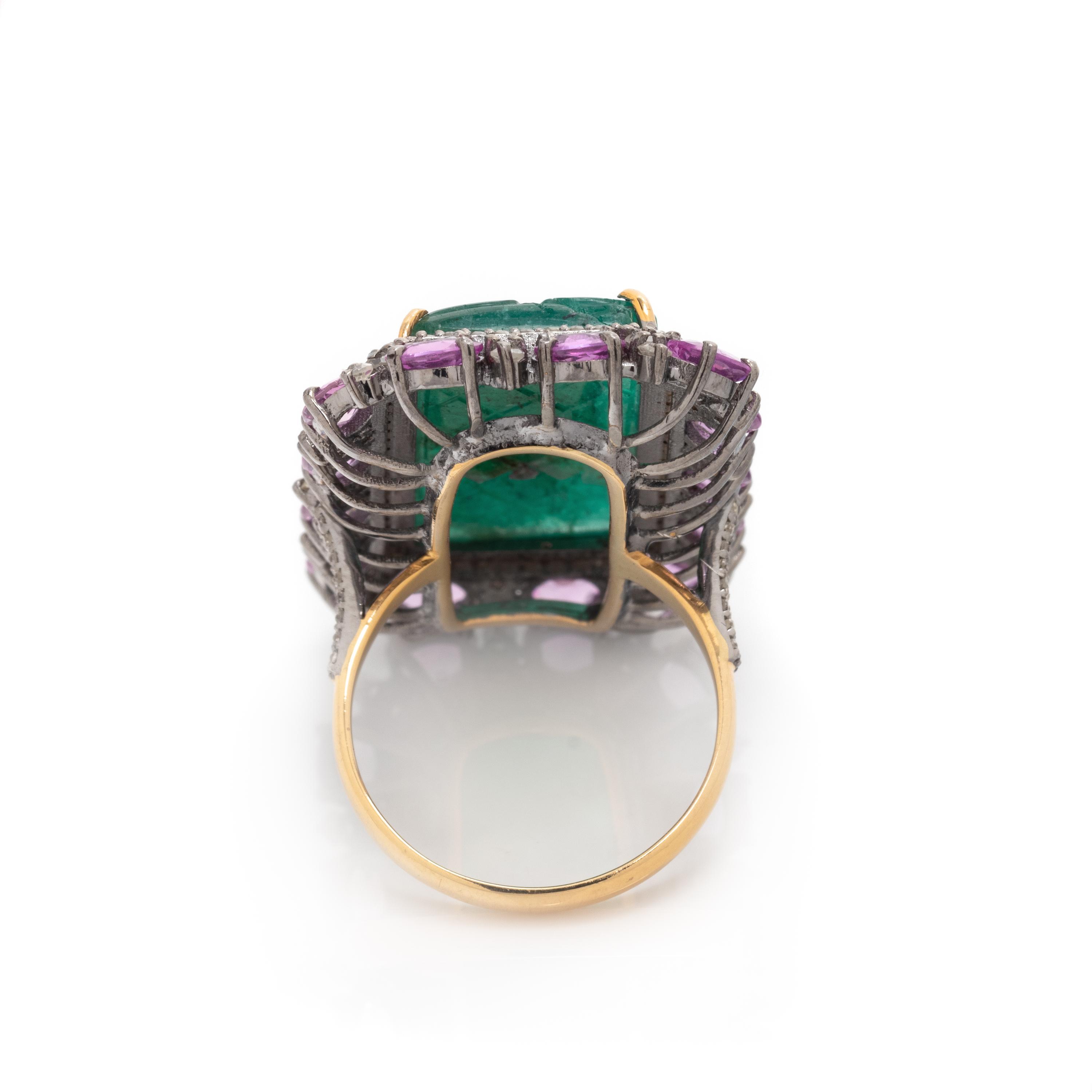 CARVED EMERALD, PINK SAPPHIRE AND DIAMOND RING