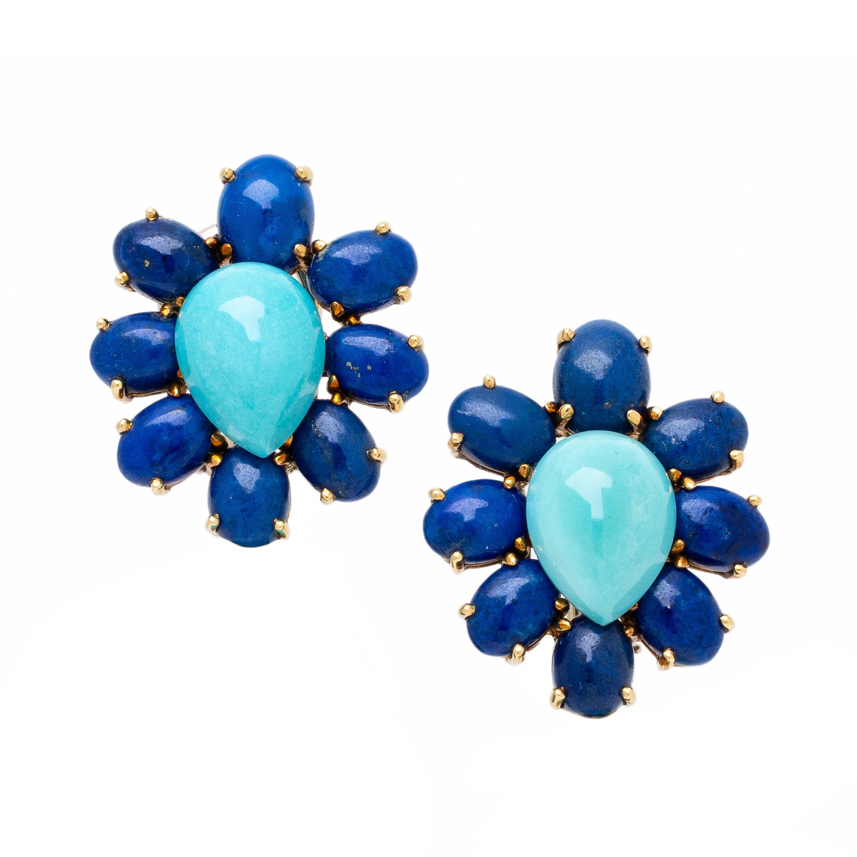 Turquoise, Lapis Lazuli, and Diamond Convertible Earrings