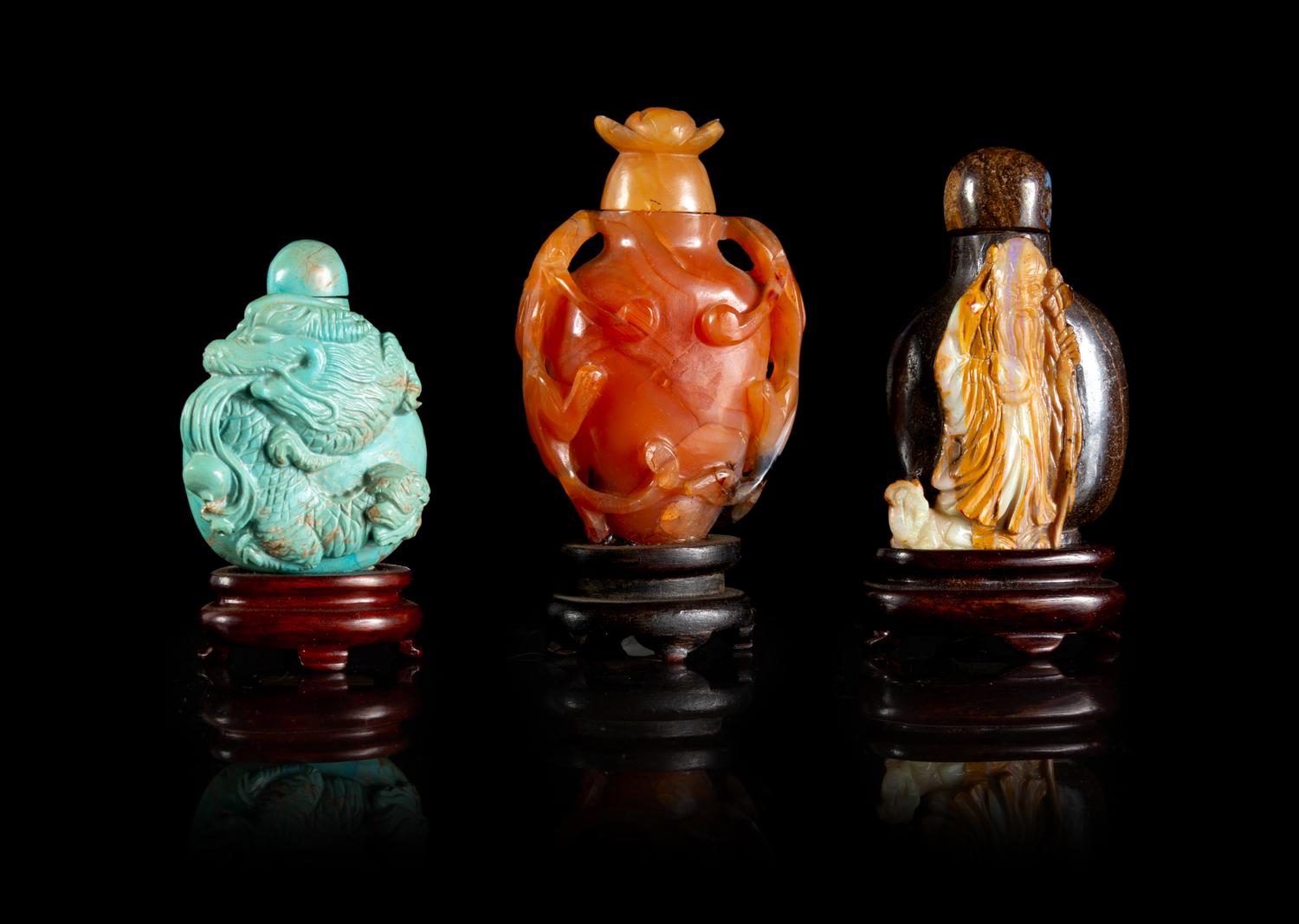 Three Chinese Hardstone Snuff Bottles