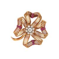 YELLOW GOLD, DIAMOND AND RUBY CLOVER BROOCH