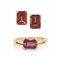 Pink Tourmaline and Yellow Gold Earrings and Garnet Ring