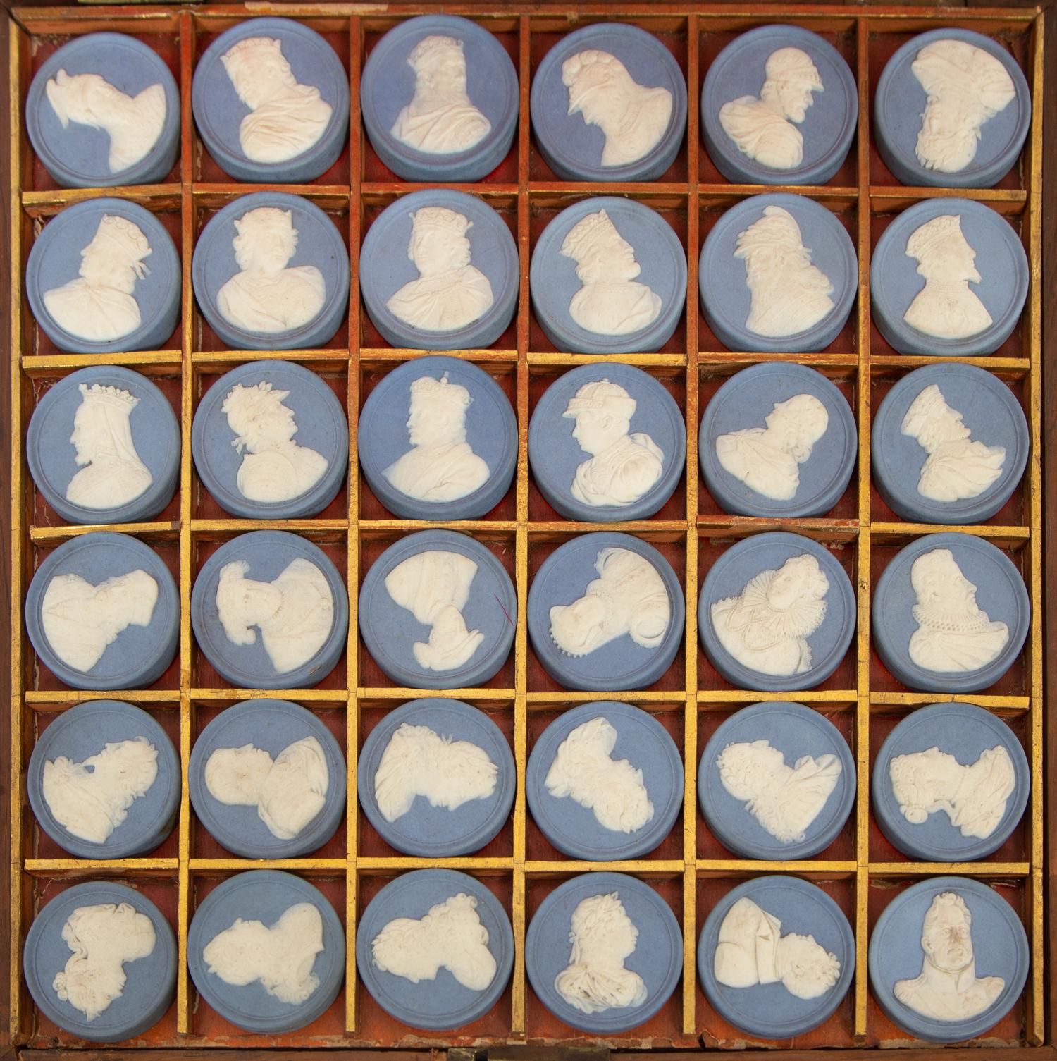 A Cased Set of Wedgwood Jasperware Portrait Medallions, Sovereigns of England