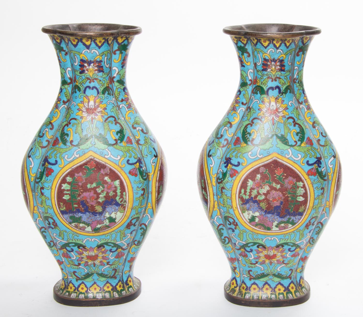 A Pair of Chinese Cloisonne Lobed Vases. Height 12 1/2 inches.