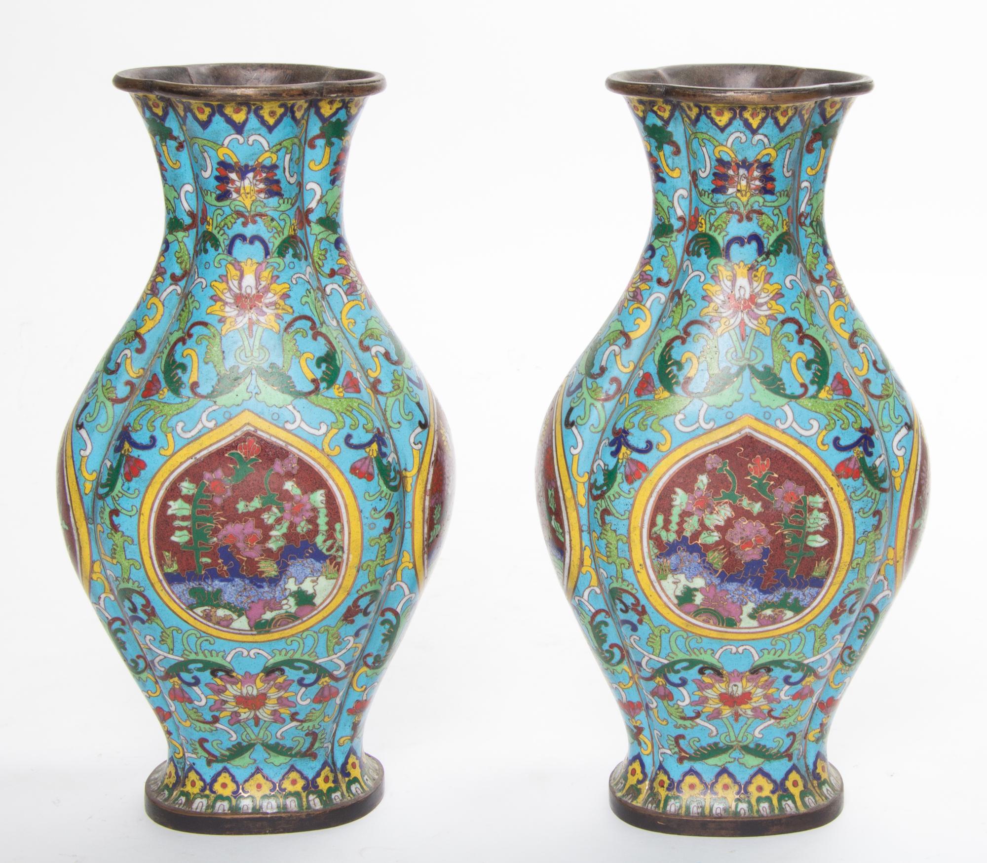 A Pair of Chinese Cloisonne Lobed Vases. Height 12 1/2 inches.