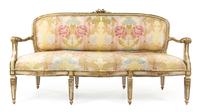 An Italian Painted and Parcel Gilt Settee Height 37 1/2 x width 69 x depth 23 inches. — 18TH CENTURY