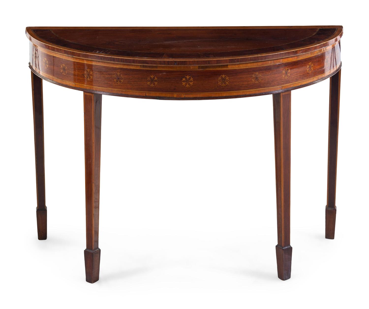 A George III Style Mahogany and Marquetry Demilune Table