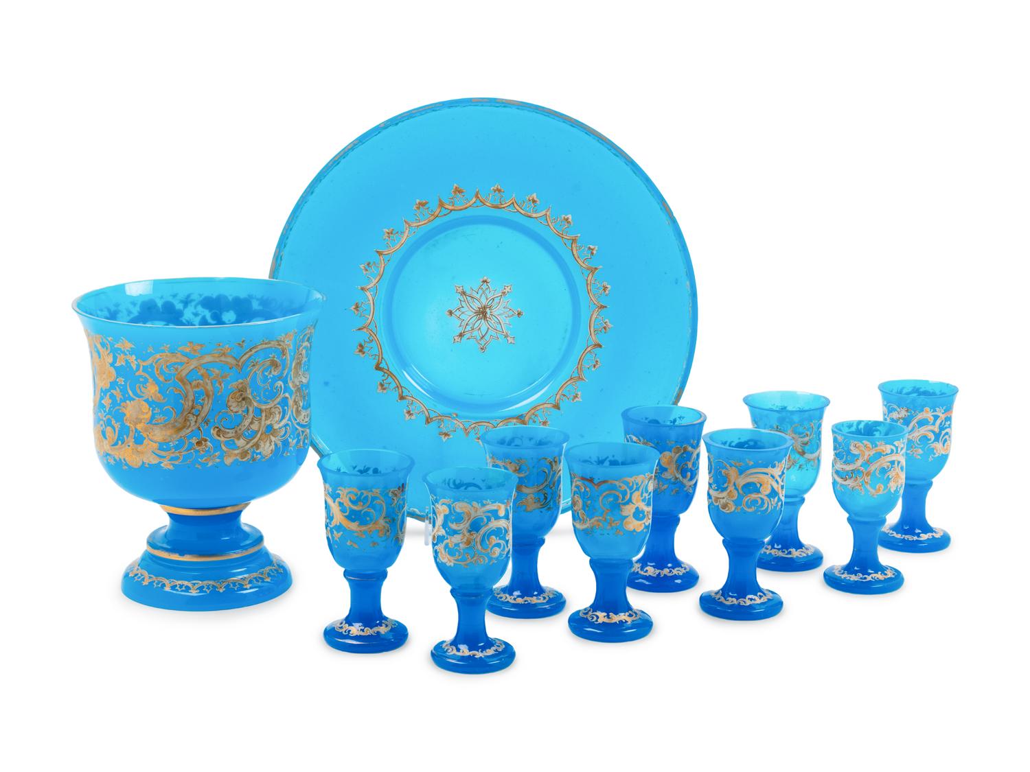 A Continental Enameled Opaline Glass Punch Set