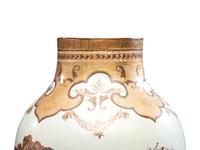 A Pair of Chinese Export Parcel Gilt and Sepia Decorated Porcelain Covered Urns