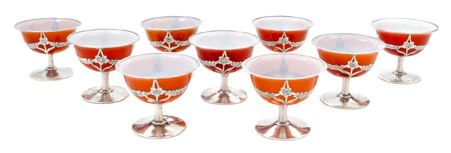 A Collection of Nine Silver Overlay Glass Coupes Height 3 inches.